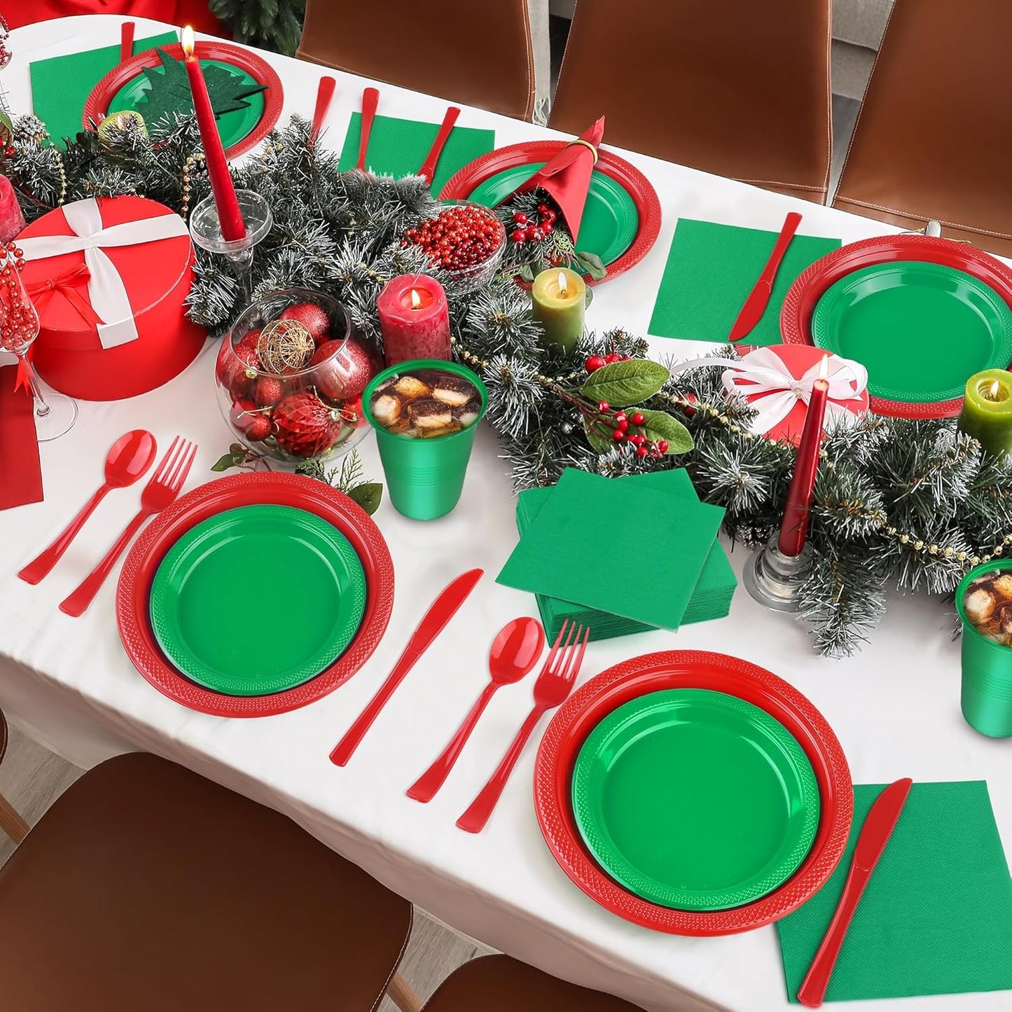 240 Pieces Christmas Plastic Dinnerware Set Disposable Party Plates Napkins Cups and Silverware Dessert Dinner Plates for Birthday Wedding Party Supplies, Serves 30 Guests, Red and Green