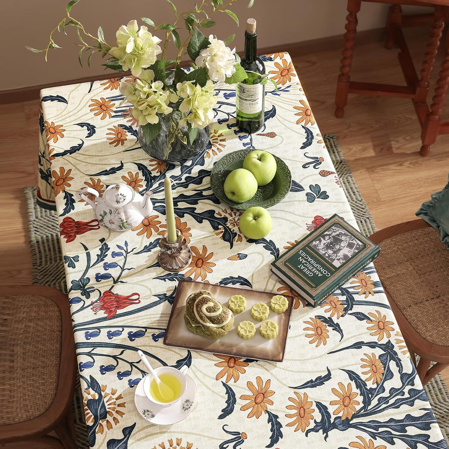 French Vintage Rectangular Tablecloth,Linen Tablecloth with Gold and Red Floral Pattern,Decorative Table Cover for Kitchen,Dining,Thanksgiving,Christmas,Party,55"*79"-Tijuana