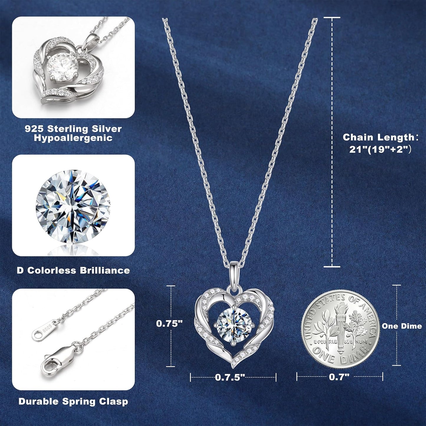 MOOSEA Christmas Gifts for Women Wife, 1-3 Carat D Color VVS1 Clarity Moissanite Heart Pendant Necklaces Anniversary Birthday Gifts for Wife Mom Daughter 925 Sterling Silver Necklace