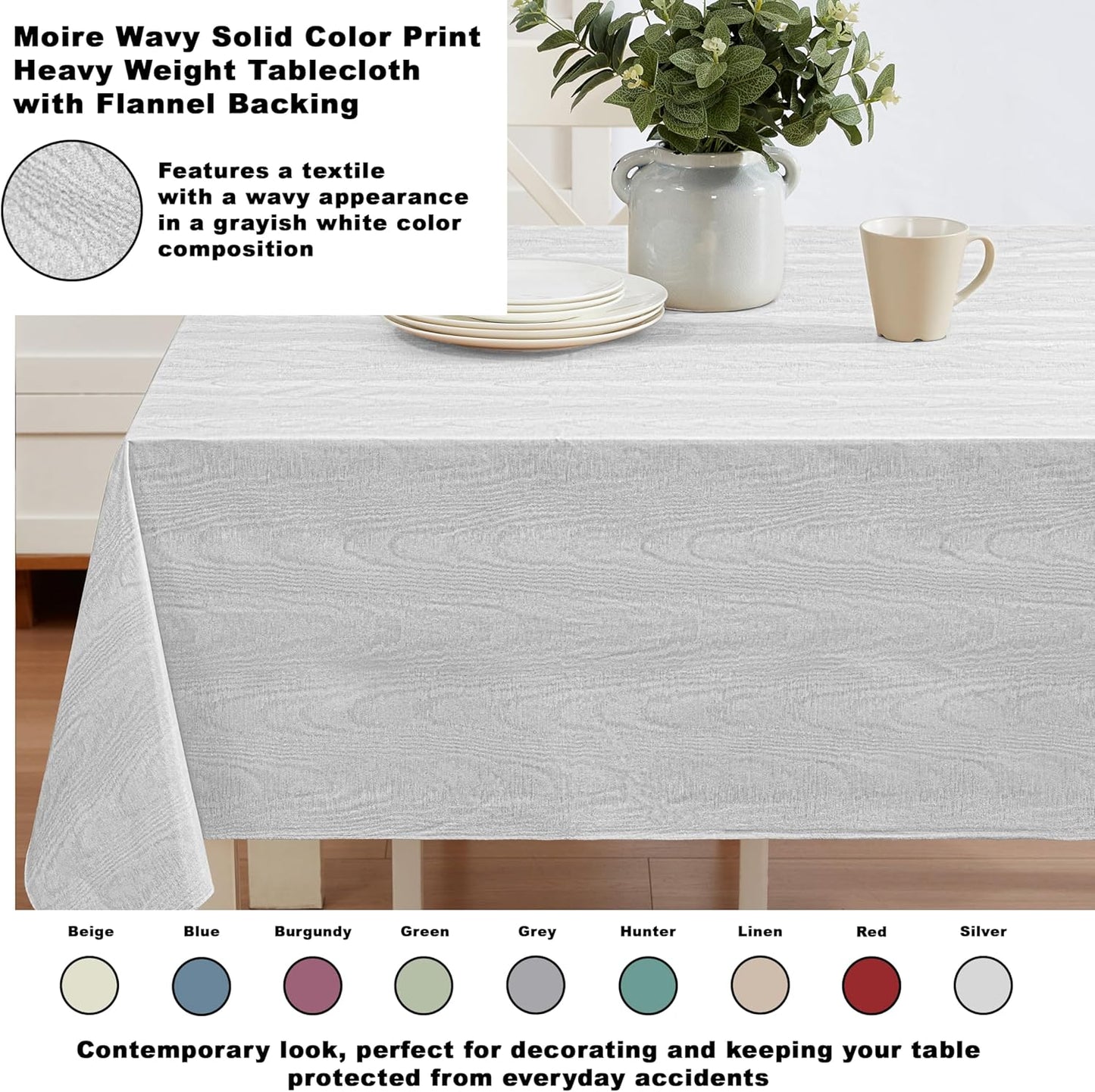 Newbridge Vinyl Flannel Backed Tablecloth, 60 x 120 Inch Rectangle, Silvery White Moire Wavy Solid Design, Heavyweight Indoor Outdoor Waterproof Table Cover, Easy Care Wipe Clean