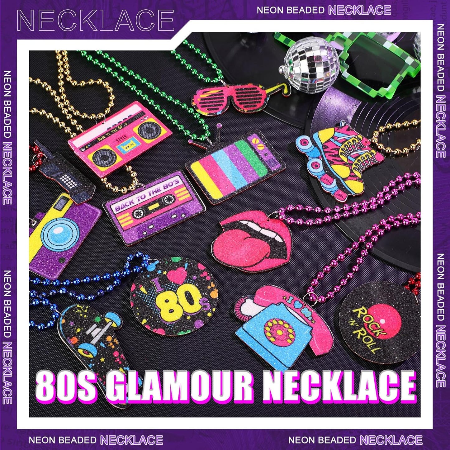 Tigeen 48 Pcs 80s Beaded Necklaces Metallic Neon Beads Retro Glow Party Disco Necklaces Bulk Colorful Rock Music Decor for Women 1980s Party Favors Supplies Mardi Gras Favor, 12 Styles