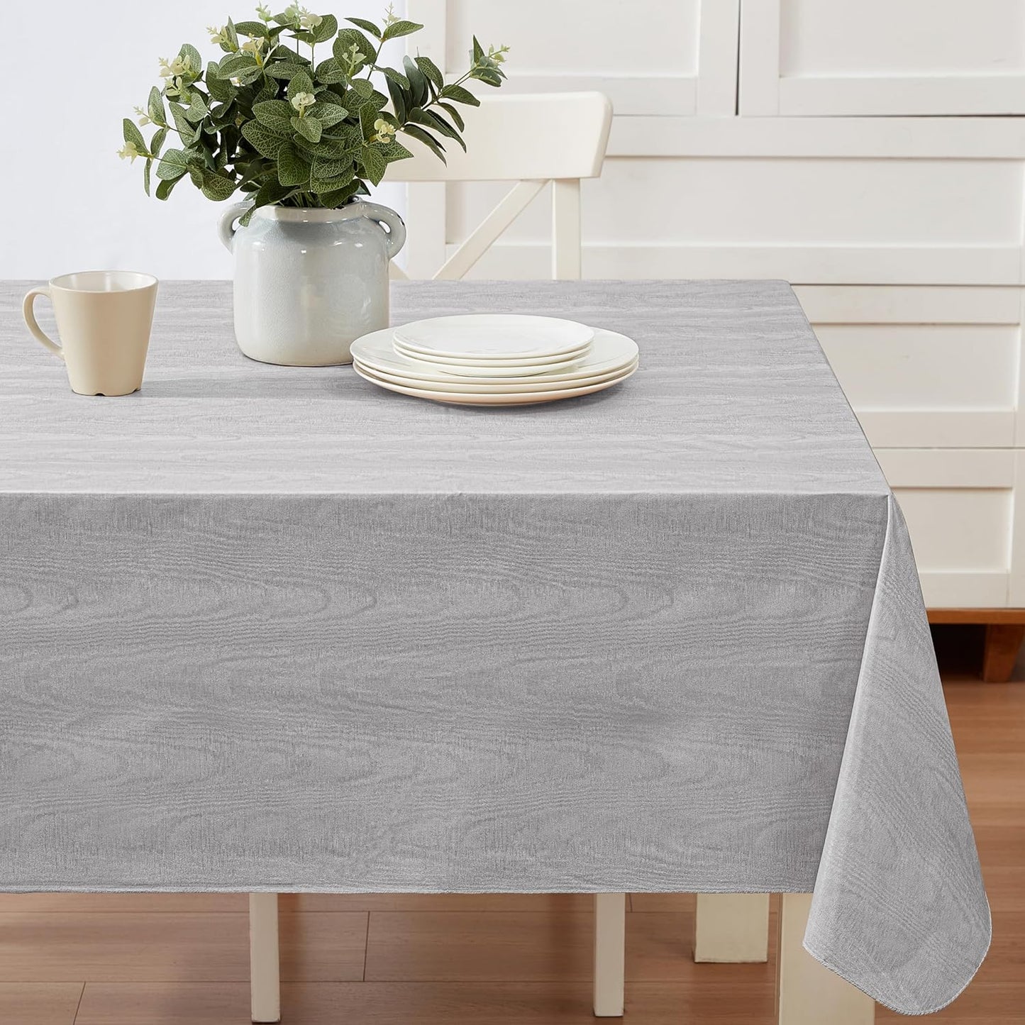 Newbridge Vinyl Flannel Backed Tablecloth, 52 x 52 Inch Square, Grey Moire Wavy Solid Design, Heavyweight Indoor Outdoor Waterproof Table Cover, Easy Care Wipe Clean