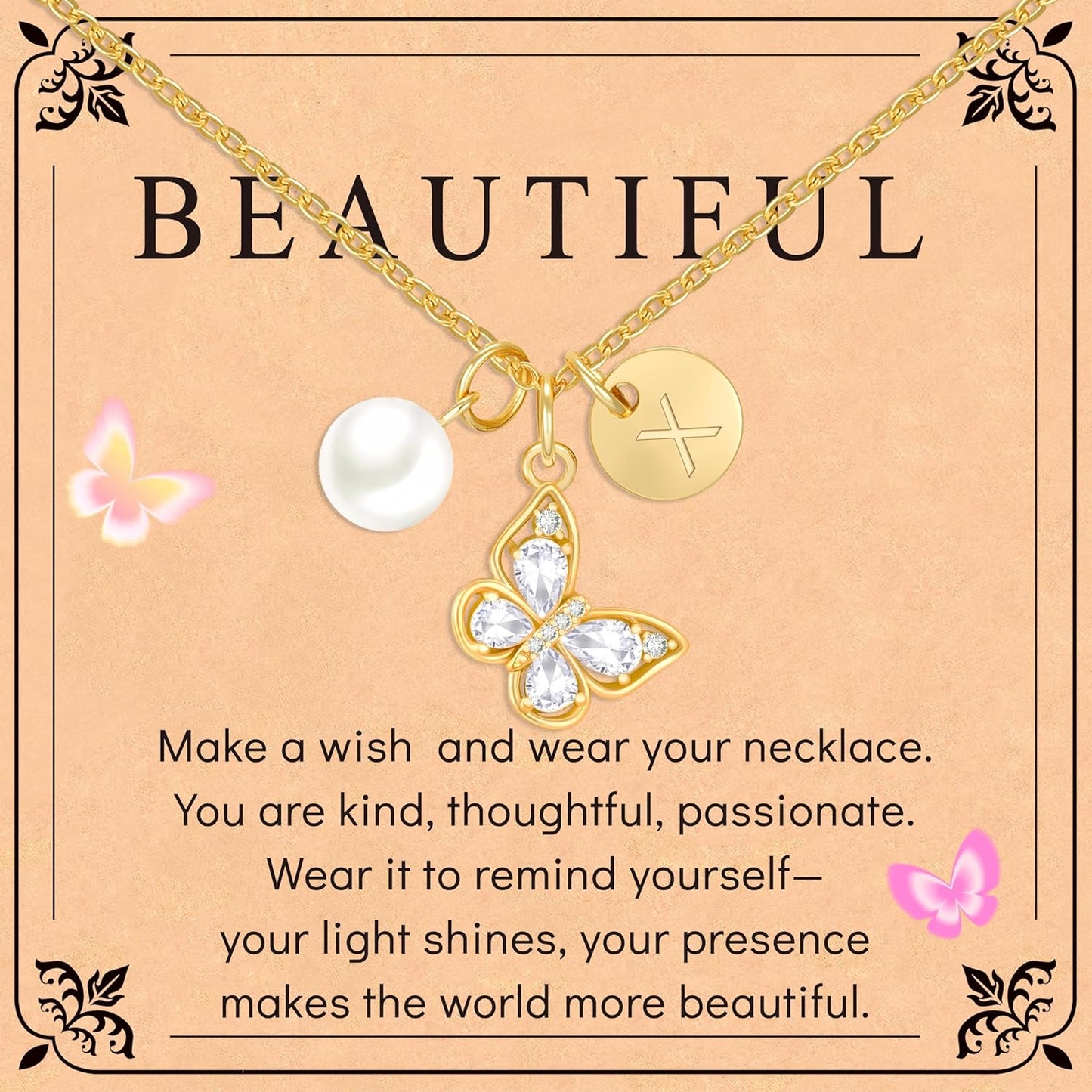 Butterfly Pearl Initial Necklace for Girls,14K Gold Plated Letter Butterfly Pendant Dainty Jewelry Birthday Christmas Gifts for Girls Daughter Best Friend