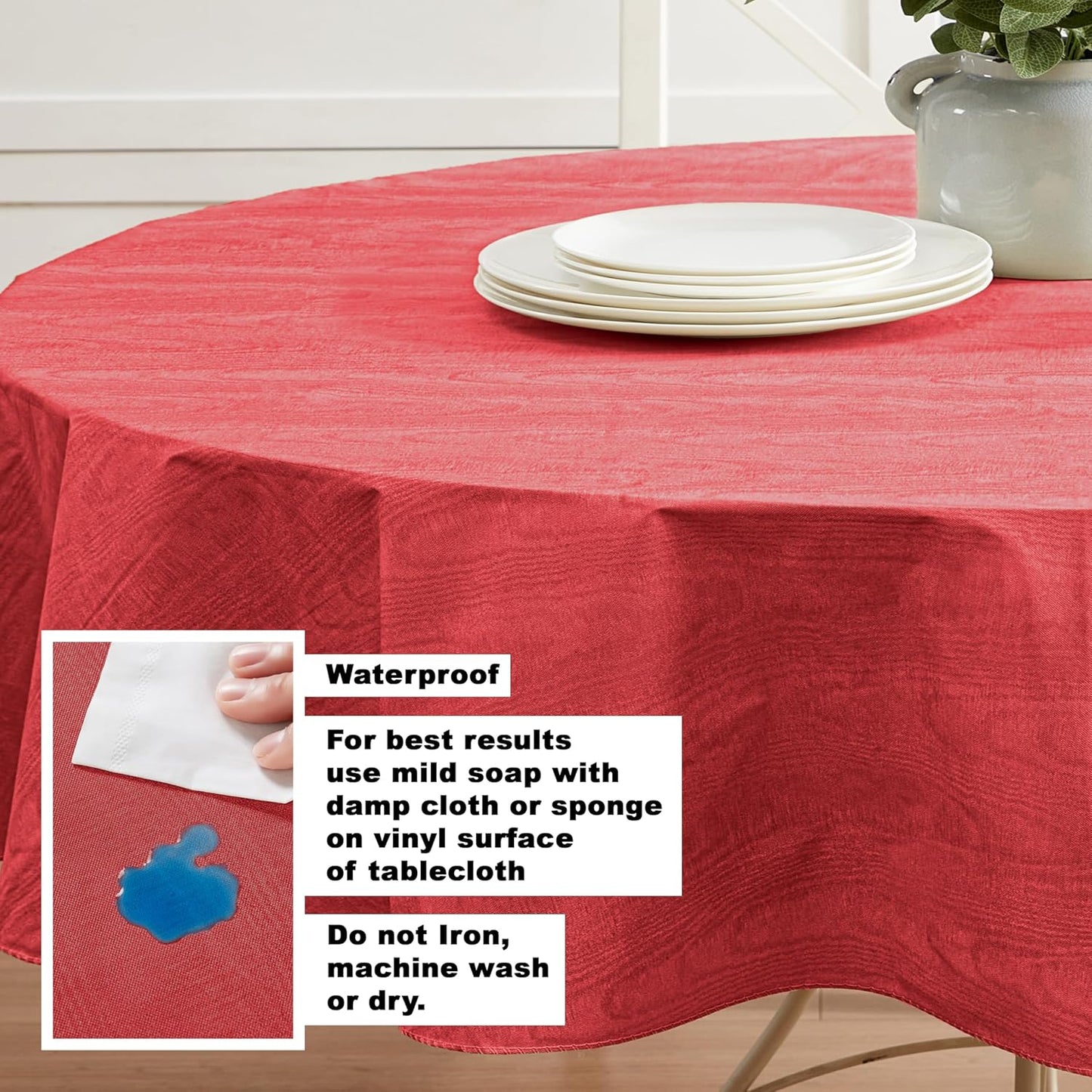 Newbridge Vinyl Flannel Backed Tablecloth, 60 x 84 Inch Oval, Red Moire Wavy Solid Design, Heavyweight Indoor Outdoor Waterproof Table Cover, Easy Care Wipe Clean