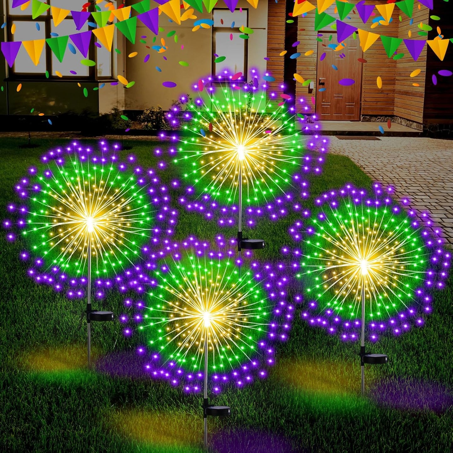 4 Pack Christmas Solar Firework Lights Decorations Garden Pathway Solar Power Light Stake Waterproof Landscape Lamp with 180 LED 8 Modes for Christmas Party Decoration(Green, Yellow, Purple)