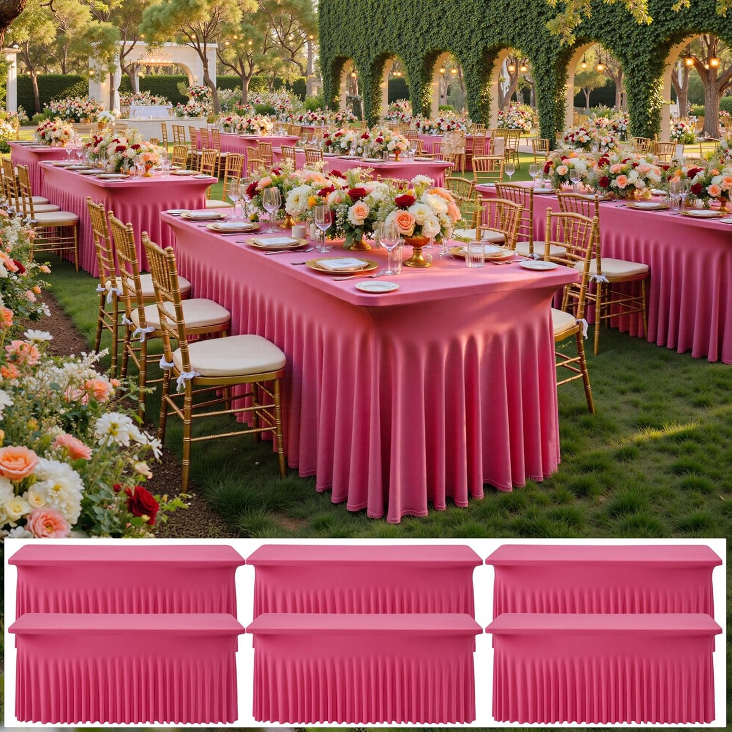 NSSONBEN 6 pk Hot Pink Spandex Tablecloth for 6 Foot Rectangle Tables, Wrinkle Free Fitted Spandex Table Covers 6ft Stretch Table Cloths with Ruffle Skirt for Parties Weddings Banquet Baby Shower