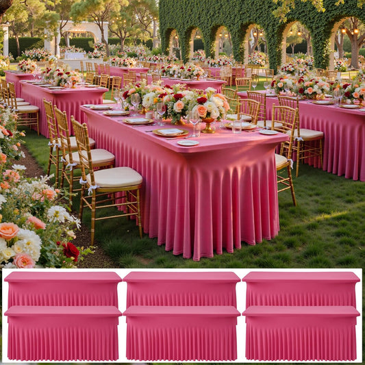 NSSONBEN 6 pk Hot Pink Spandex Tablecloth for 6 Foot Rectangle Tables, Wrinkle Free Fitted Spandex Table Covers 6ft Stretch Table Cloths with Ruffle Skirt for Parties Weddings Banquet Baby Shower