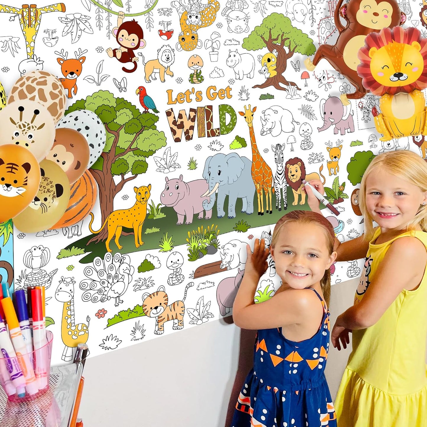 Wild Coloring Tablecloth for Kids, Jumbo 30x72 Inch Poster with Jungle Animals, Leaves, Safari Scenes, Perfect for Wild Party Games, Jungle Decorations, Classroom Fun, Celebration Supplies