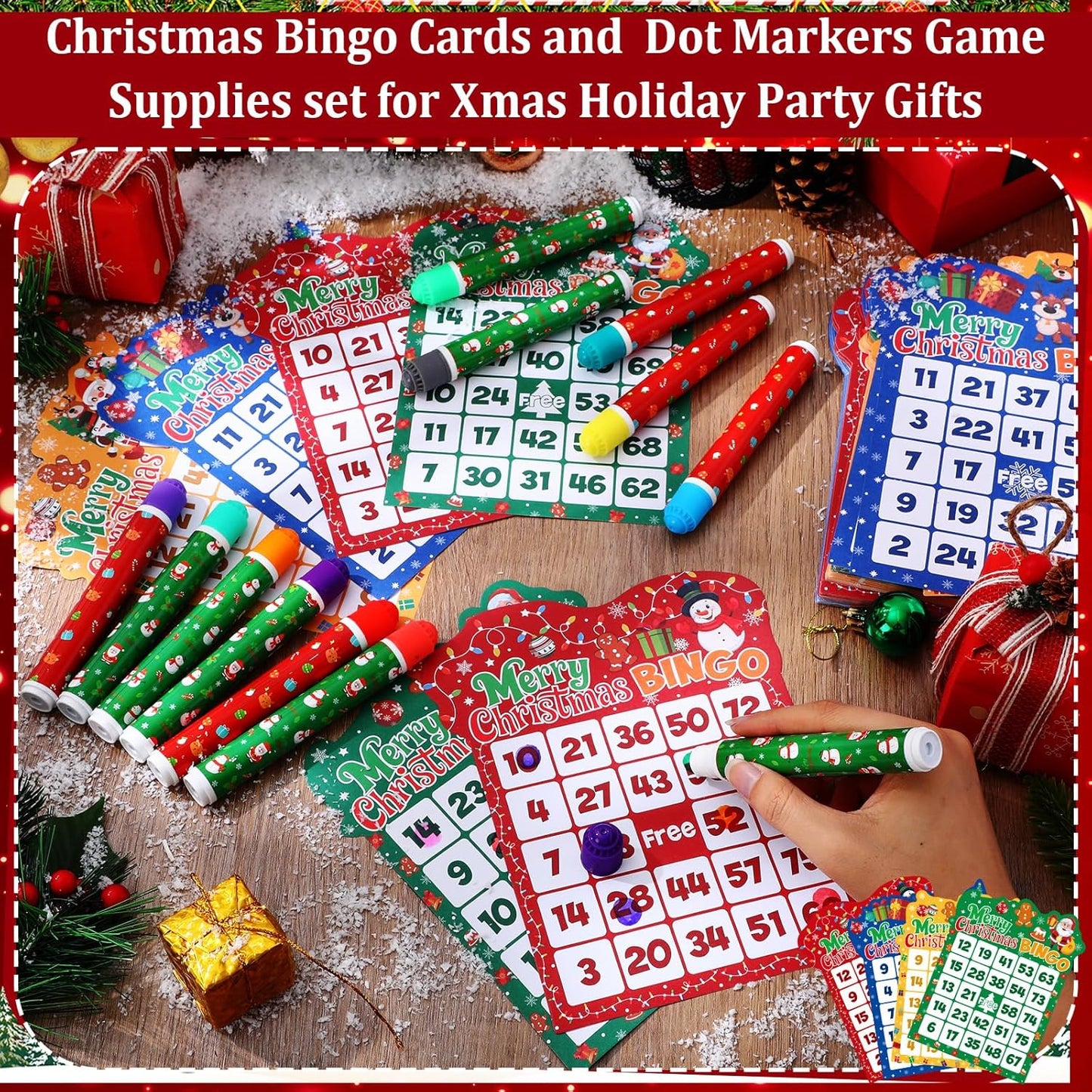 Eersida 192 Pack Christmas Bingo Game Cards and 0.4 oz Dot Daubers Set Includes 144 Bingo Cards and 48 Dot Markers Game Supplies Set for Christmas Supplies Family Casino Play Night Party Favor Gifts