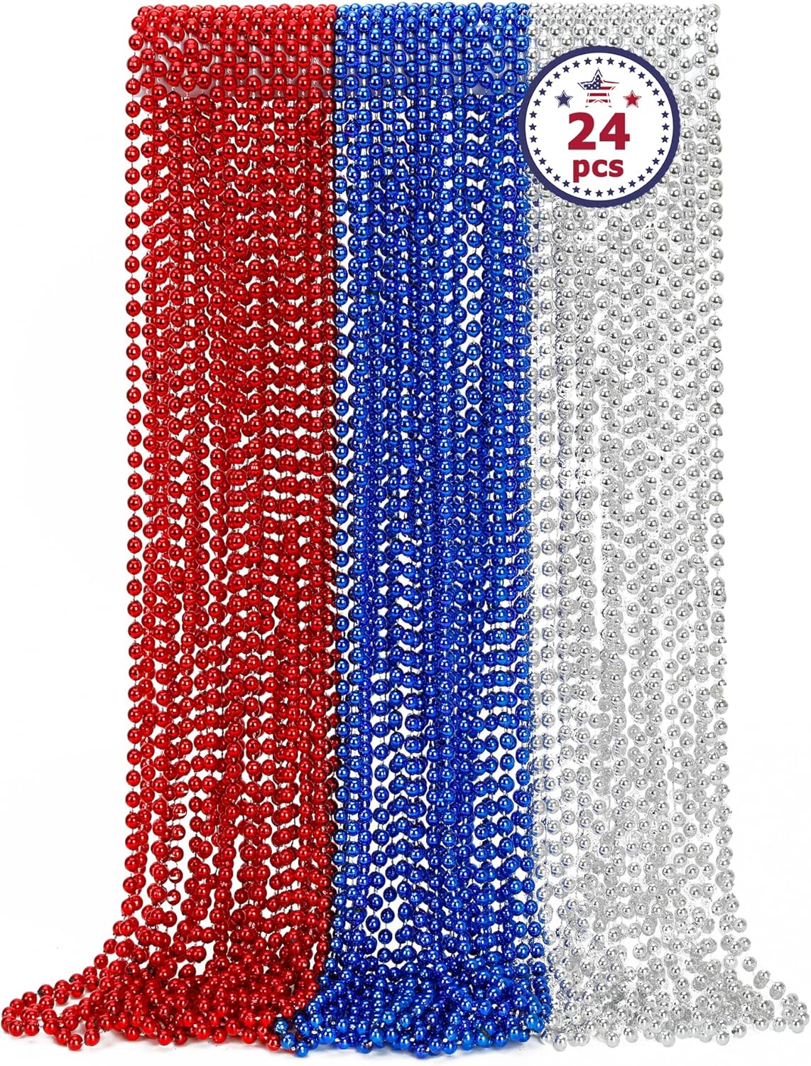 4th of July Necklace Decorations, 24PCS Veterans Day Beads Party Favors Bulk, Veterans Day Red Blue Silver Necklace, Independence Day Bead Bulk for Patriotic Parade Party Celebration Favors Decor
