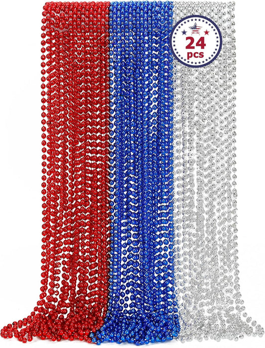 4th of July Necklace Decorations, 24PCS Veterans Day Beads Party Favors Bulk, Veterans Day Red Blue Silver Necklace, Independence Day Bead Bulk for Patriotic Parade Party Celebration Favors Decor