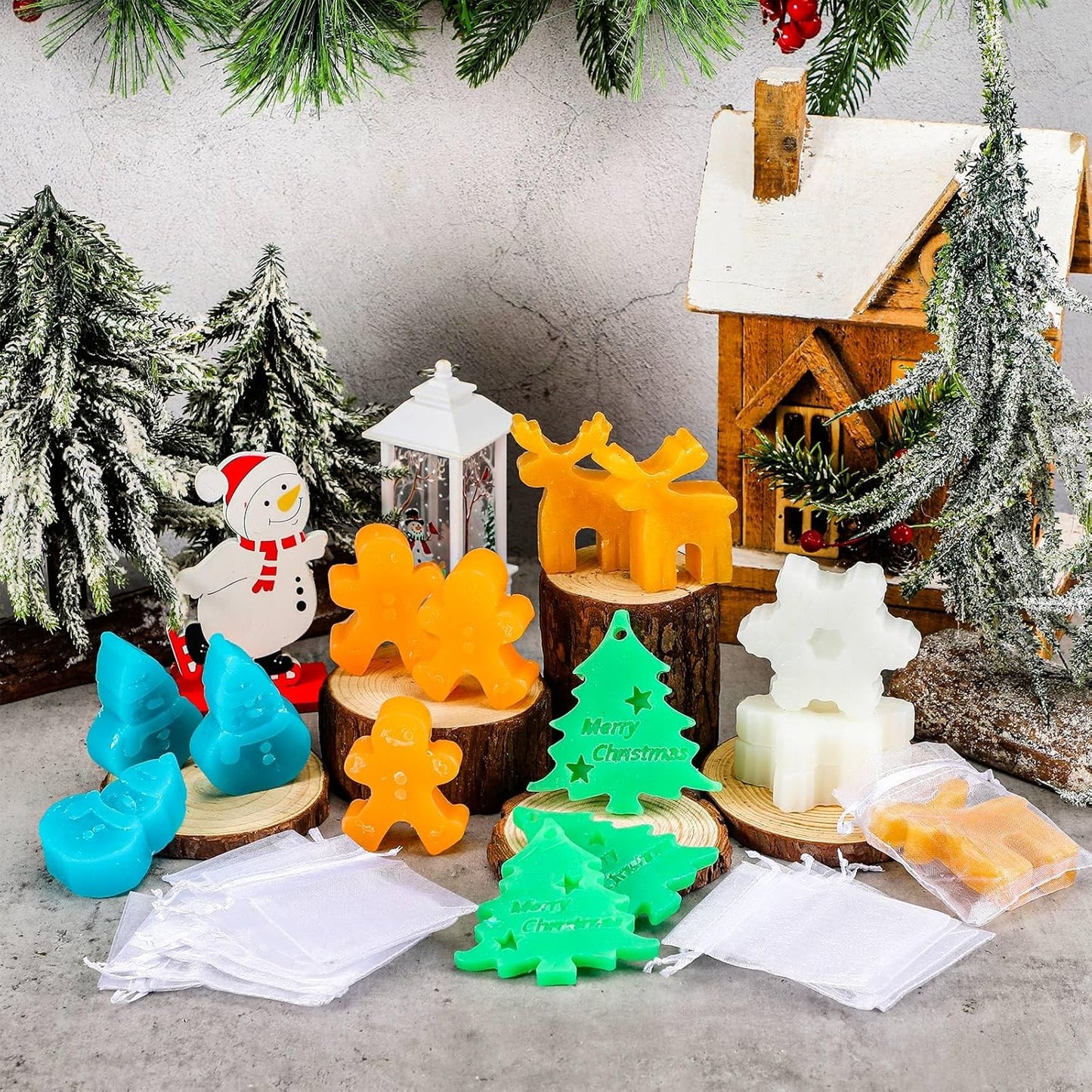 60 Set Christmas Soap Bar Gift Set Christmas Handmade Soaps Bulk Xmas Tree Snowman Gingerbread Snowflake Soaps with 50 Organza Bags 50 Thanks Tags Fun Holiday Stocking Stuffer Party Favors