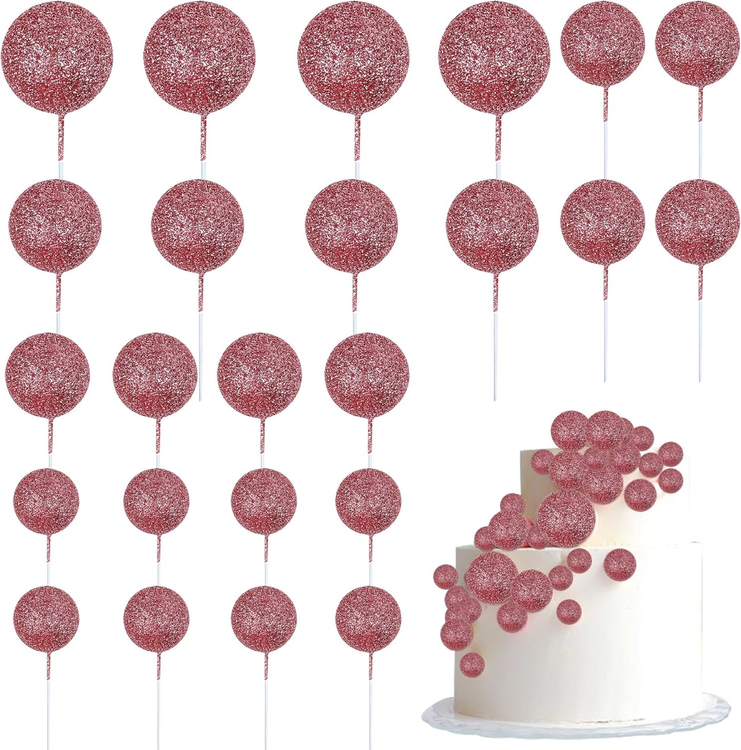 24 PCS Glitter Balls Cupcake Toppers Foam Ball Cake Picks Mini Balloon DIY Cake Insert Topper Decoration for Baby Shower Wedding Anniversary Kids Birthday Party Decorations Rose Gold