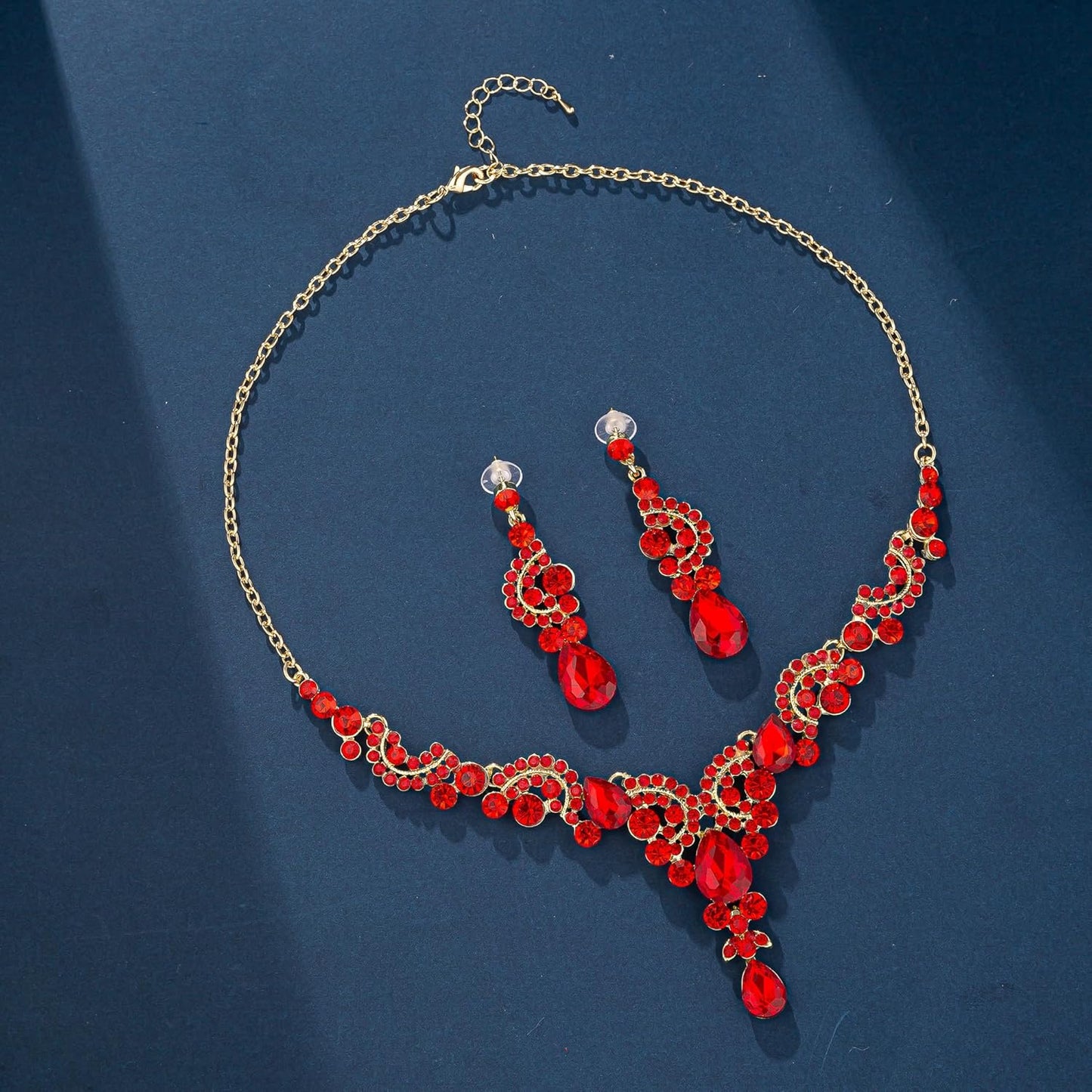 Crystal Bridal Wedding Jewelry Sets for Women Rhinestone Teardrop Crystal Statement Choker Necklace Drop Earrings Link Bracelets Rings Teardrop Jewelry Set for Brides Bridesmaids