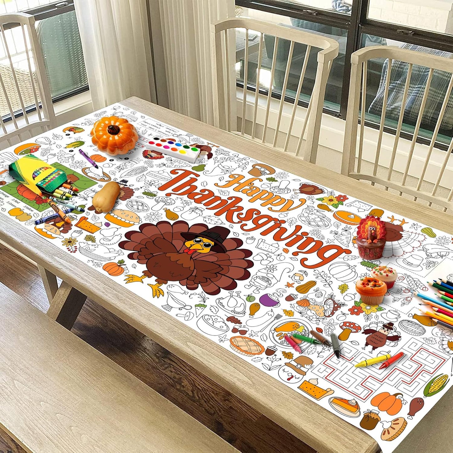 Thanksgiving Coloring Tablecloth for Kids, Giant 30x72 Inch Poster with Turkeys, Pumpkins, Harvest Symbols, Perfect for Party Games, Classroom Activities, Arts Crafts, Indoor Holiday Decor