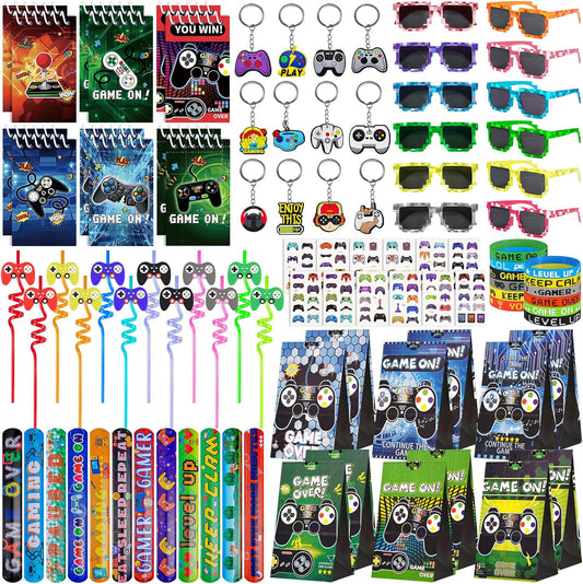 Video Game Party Favors for Kids: Pixel Theme Goodie Bags Stuffers Birthday Party Supplies, Bracelets, Keychain, Sunglasses, Notepads, Stickers, Gift Bags Serves 12 Boy Girl Birthday Party Decorations