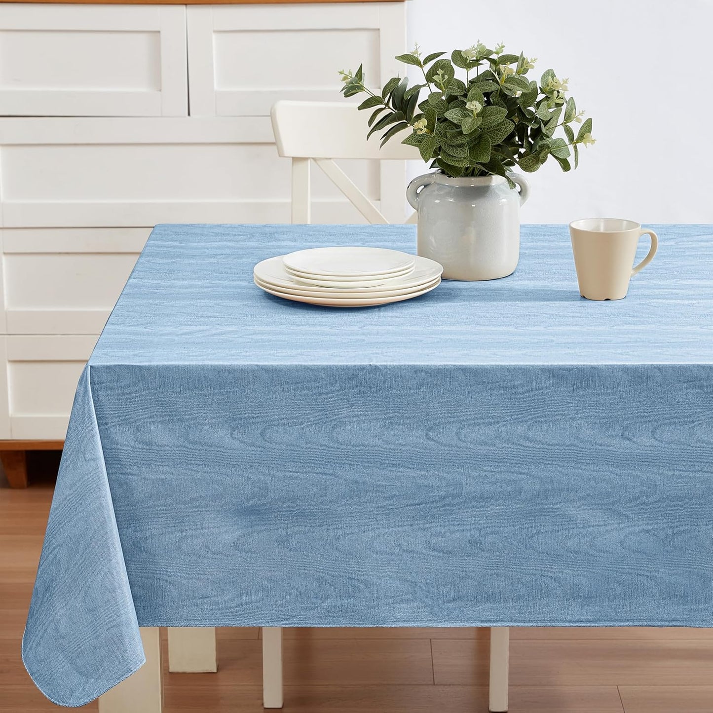 Newbridge Vinyl Flannel Backed Tablecloth, 60 x 102 Inch Rectangle, Blue Moire Wavy Solid Design, Heavyweight Indoor Outdoor Waterproof Table Cover, Easy Care Wipe Clean