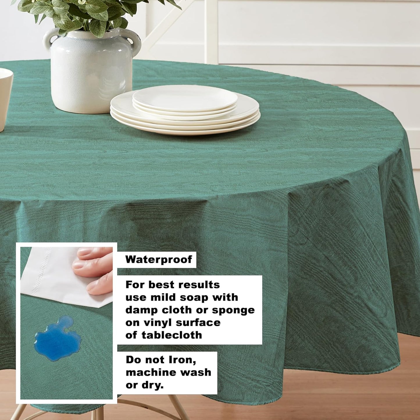 Newbridge Vinyl Flannel Backed Tablecloth, 70 inch Round, Hunter Green Moire Wavy Solid Design, Heavyweight Indoor Outdoor Waterproof Table Cover, Easy Care Wipe Clean