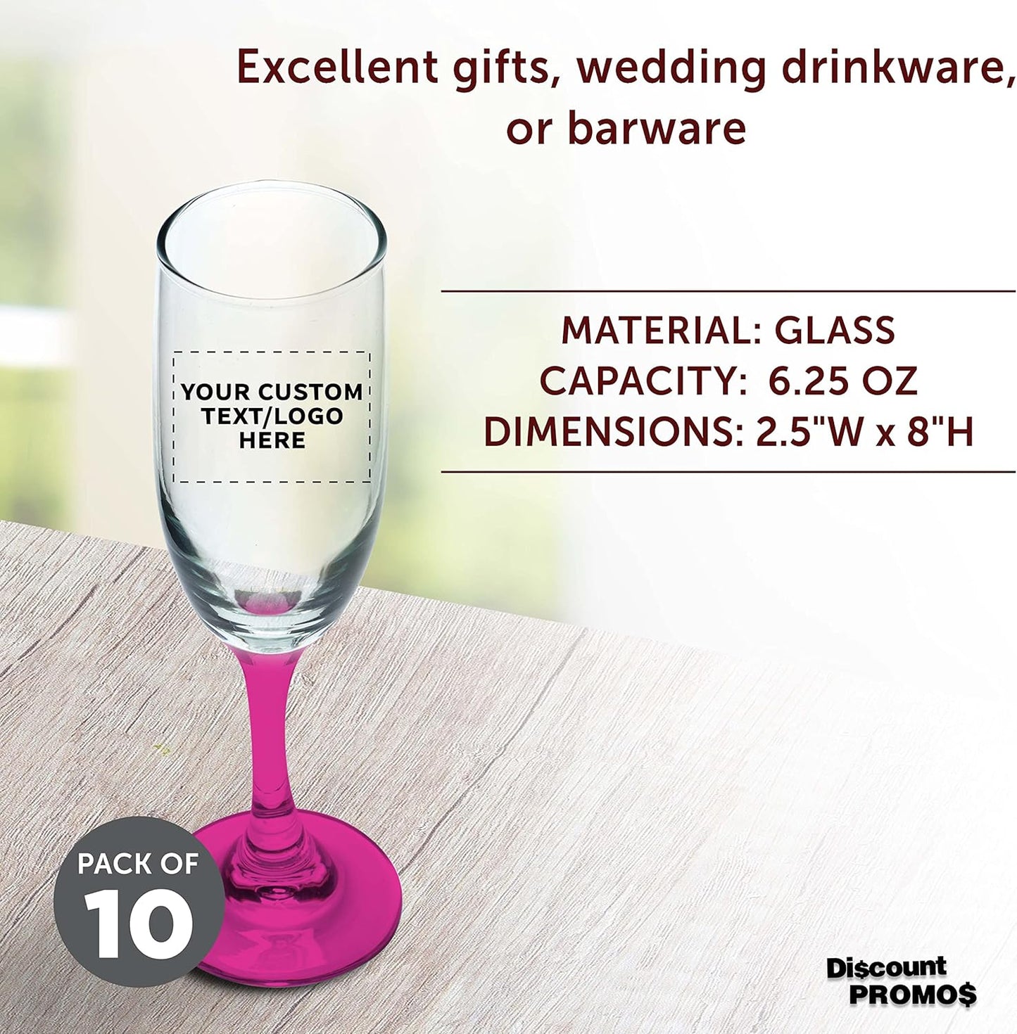 DISCOUNT PROMOS Custom Premiere Champagne Flutes 6.25 oz. Set of 10, Personalized Bulk Pack - Elegant Drinkware for Weddings, Events, & Promotional Gifts - Pink