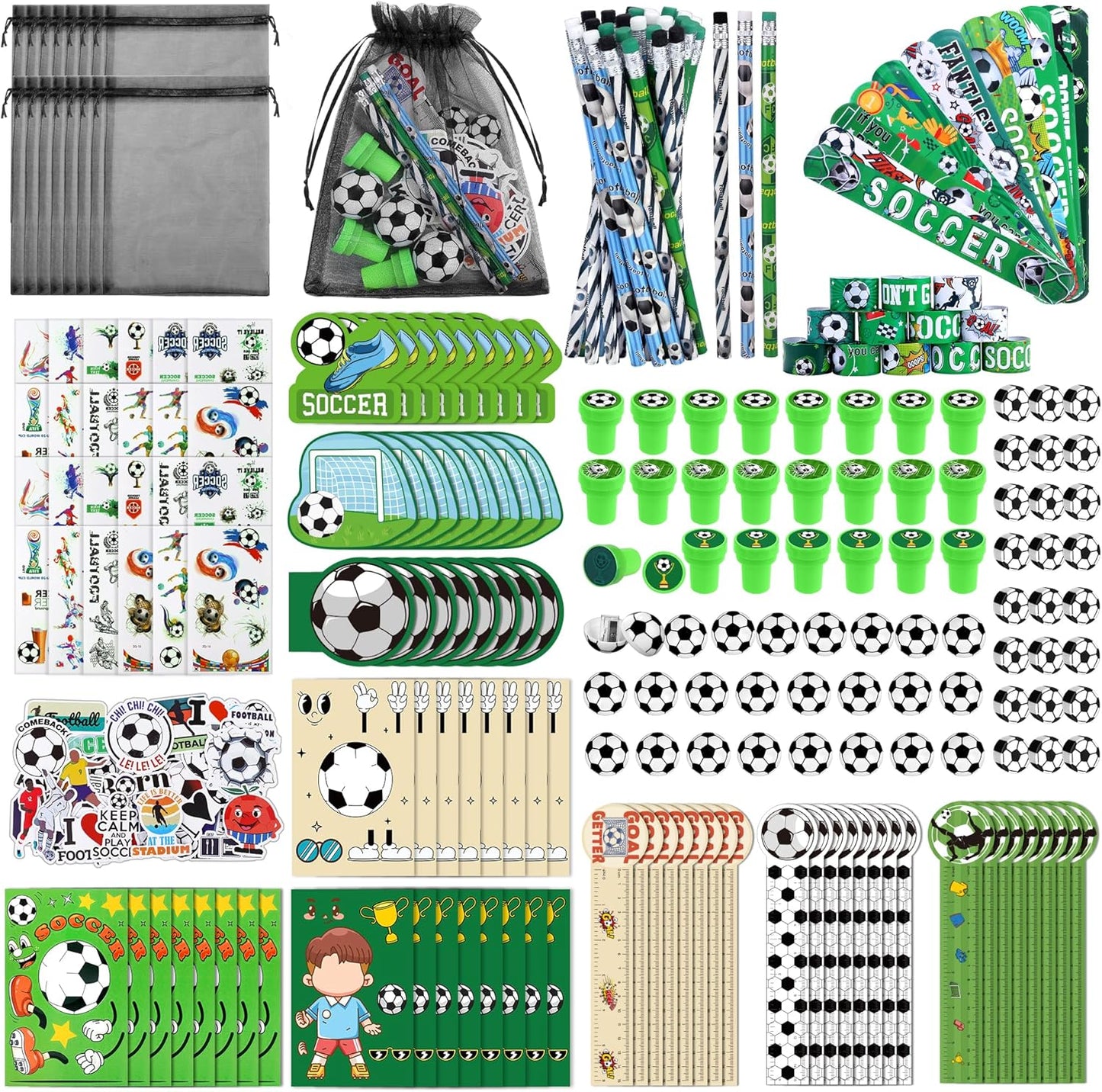 Aneco 340 Pieces Soccer Party Favor Set Soccer Goodie Bags Stuffers Mini Card Pencils Sharpener Eraser Stamp Slap Bracelet Sticker School Stationery Bulk for Sports Party Team Game Prize Birthday Gift