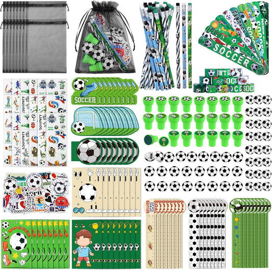 Aneco 340 Pieces Soccer Party Favor Set Soccer Goodie Bags Stuffers Mini Card Pencils Sharpener Eraser Stamp Slap Bracelet Sticker School Stationery Bulk for Sports Party Team Game Prize Birthday Gift