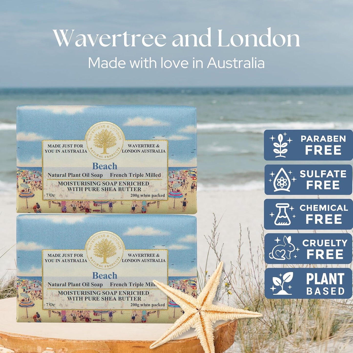 Wavertree & London Beach Scented Natural Soap (2 Bars), 7oz Moisturizing French Triple Milled Soap Bars enriched with shea butter - Pure Plant Based Bath & Body Bars for All Skin Types