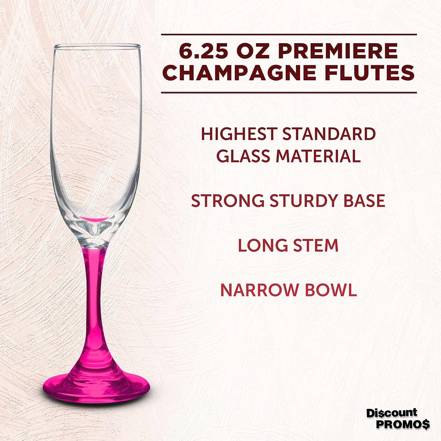 DISCOUNT PROMOS Premiere Champagne Flutes 6.25 oz. Set of 10, Bulk Pack - Elegant Drinkware for Weddings, Events, & Promotional Gifts - Pink