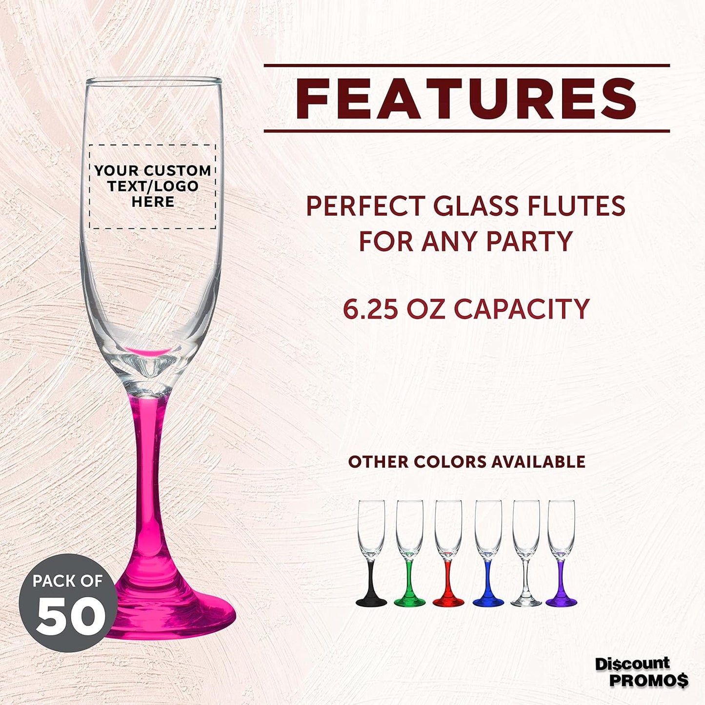 DISCOUNT PROMOS Custom Premiere Champagne Flutes 6.25 oz. Set of 50, Personalized Bulk Pack - Elegant Drinkware for Weddings, Events, & Promotional Gifts - Pink