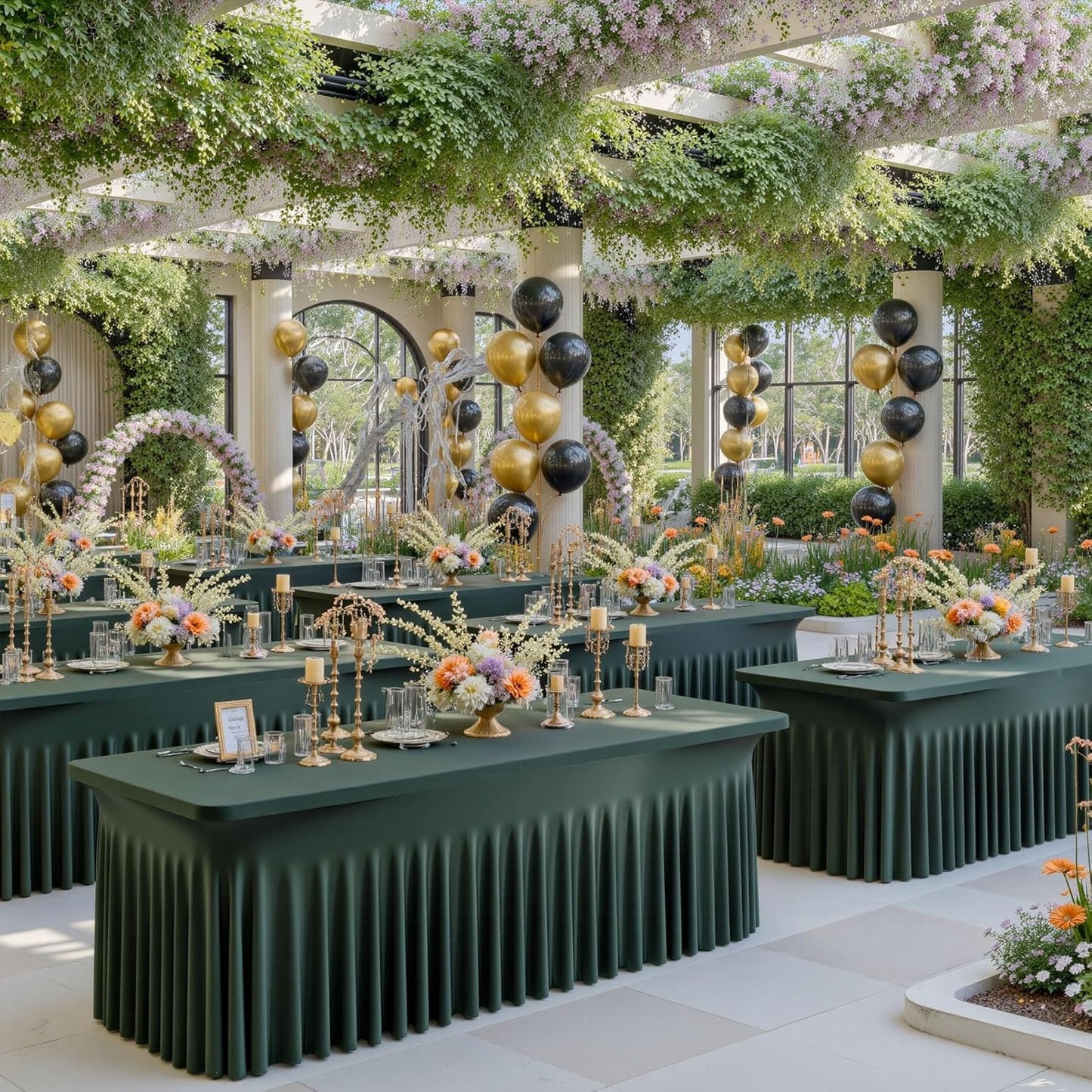 2 Pack Hunter Green Spandex Tablecloths for 6 Foot Rectangle Tables, Wrinkle Free Fitted Table Cover 6ft Green Stretchy Table Clothes with Skirt for Parties Weddings Birthday Banquet Baby Shower