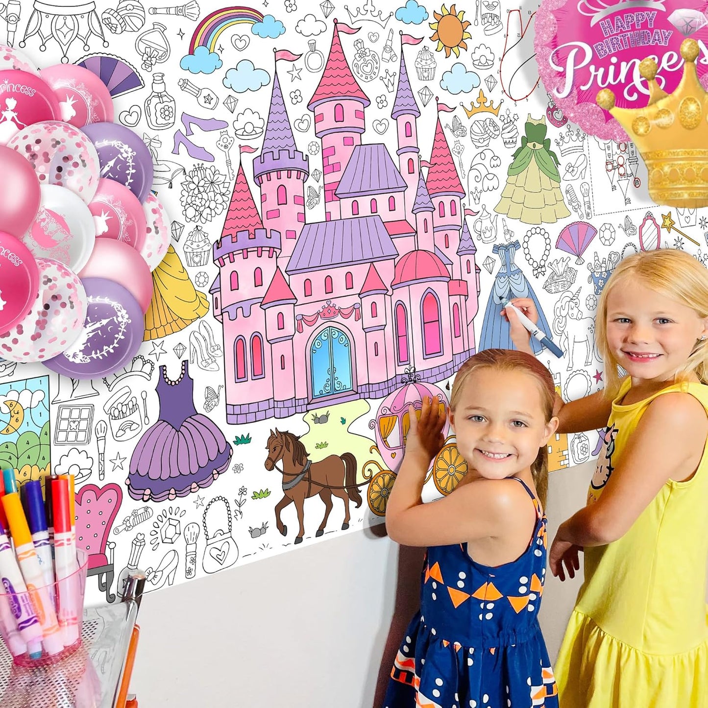 Princess Coloring Tablecloth for Kids, Giant 30x72 Inch Poster with Castles, Crowns, Fairy Tale Icons, Perfect for Girls Princess Party Games, Royal Decorations, Celebration Supplies