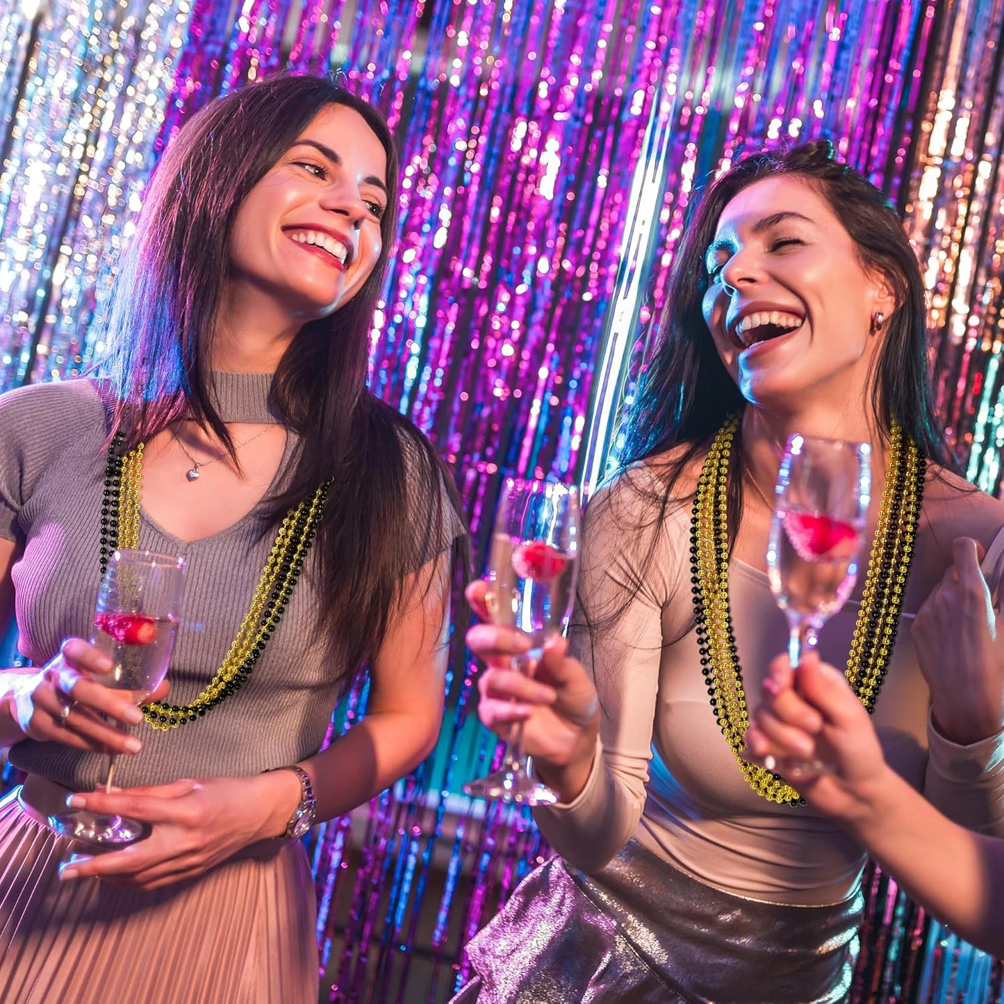 12 PCS Mardi Gras Beads Bulk, New Year Beaded Necklaces, 33" BlackGold Beads Graduation Beaded Stuff Set, Carnival Round Costume Necklace for New Years Eve Parade Throws Party Favors Decorations