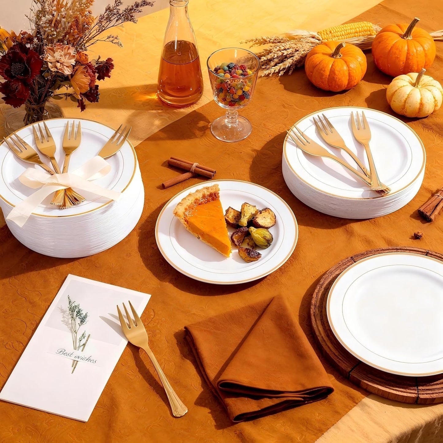 WELLIFE 120 PCS Plastic Dessert Plates and 120 PCS Forks, 6.3 inch Disposable Salad Plate, Premium White Appetizer Plates with Gold Rims Perfect for Parties, Weddings