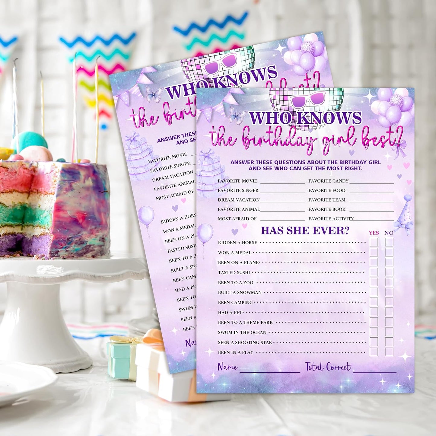 Birthday Party Games Card, Who Knows The Birthday Girl Best, Girls Sleepover Party Supplies for The Girls Card Game, 5x7 Inch Set of 25 Game Cards (Purple, Double-Sided) - A08