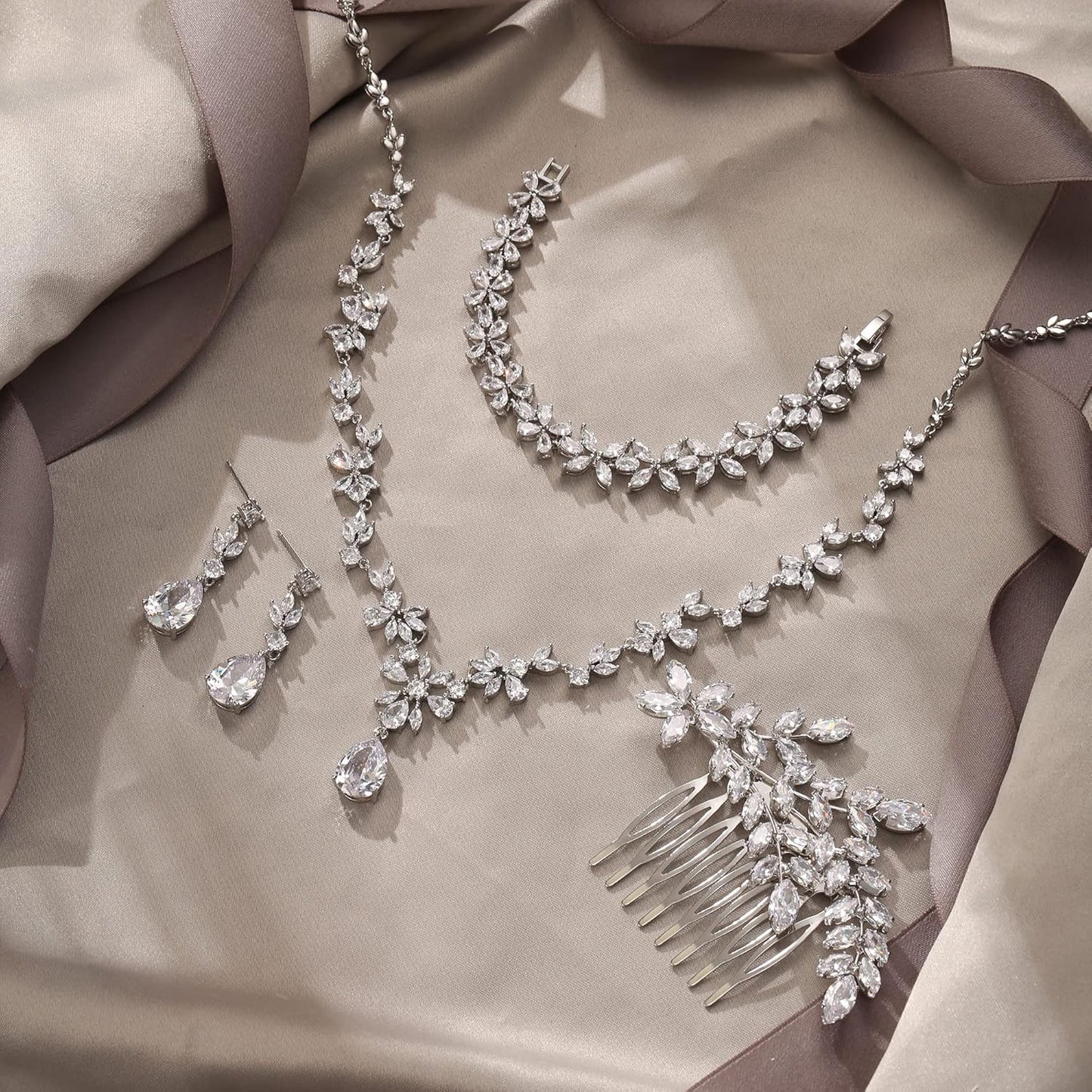 EVER FAITH Bridal Jewelry Set for Bride Bridesmaid, Flower Leaf Teardrop Cubic Zirconia Necklace Dangle Earrings Bracelet Sets Wedding Party for Women