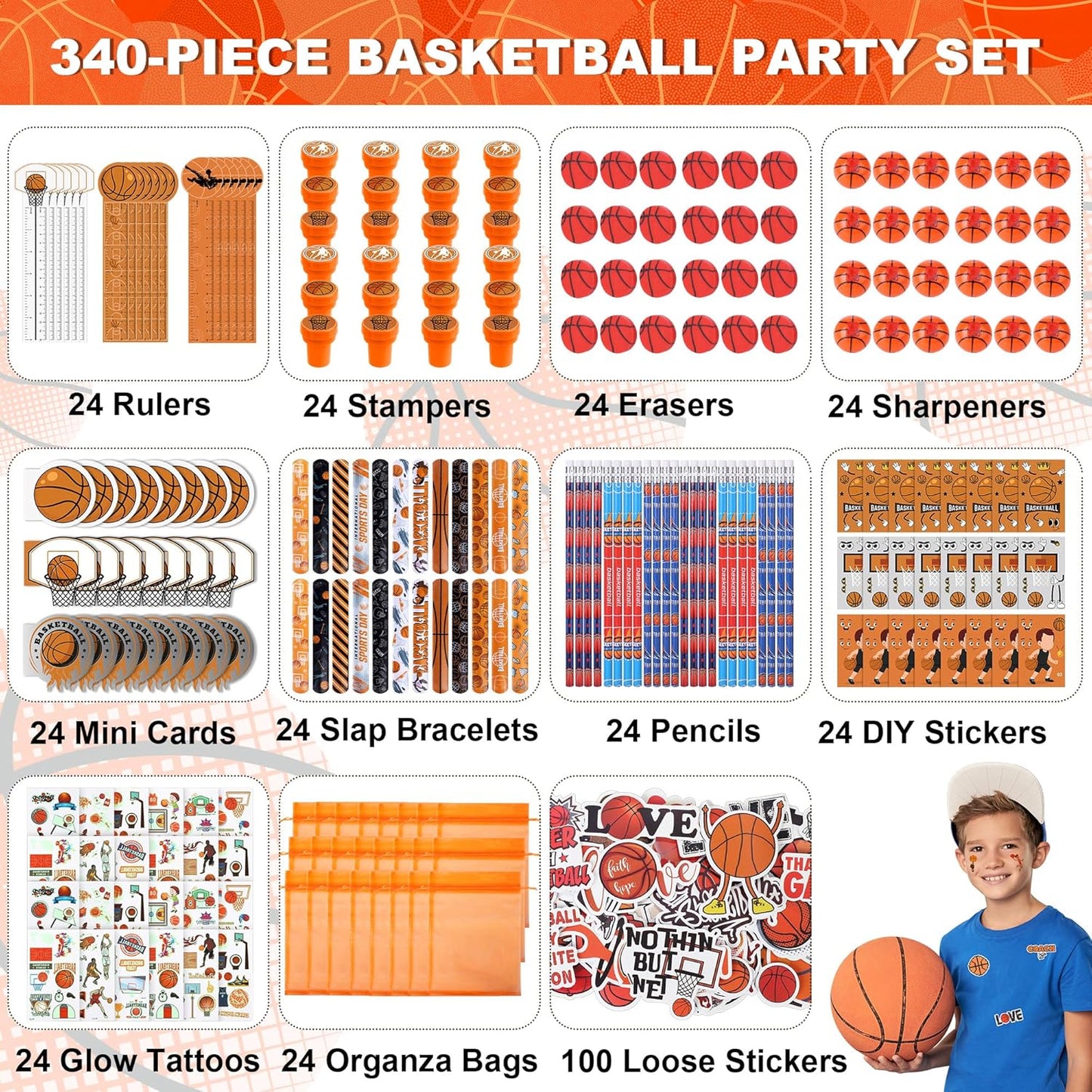 Aneco 340 Pieces Basketball Party Favor Set Basketball Goodie Bags Stuffers Mini Card Pencil Sharpener Eraser Stamp Slap Bracelet Sticker School Stationery Bulk for Party Team Game Prize Birthday Gift