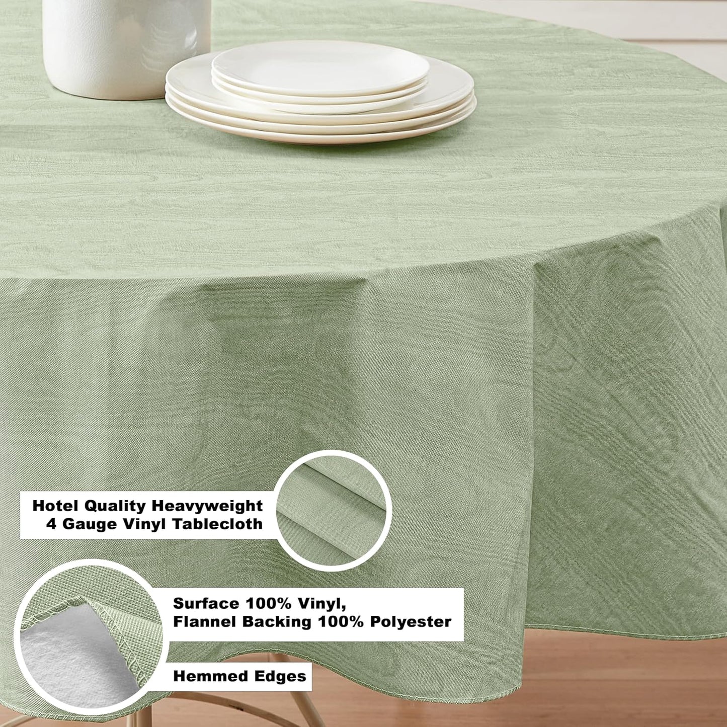 Newbridge Vinyl Flannel Backed Tablecloth, 70 inch Round, Sage Green Moire Wavy Solid Design, Heavyweight Indoor Outdoor Waterproof Table Cover, Easy Care Wipe Clean