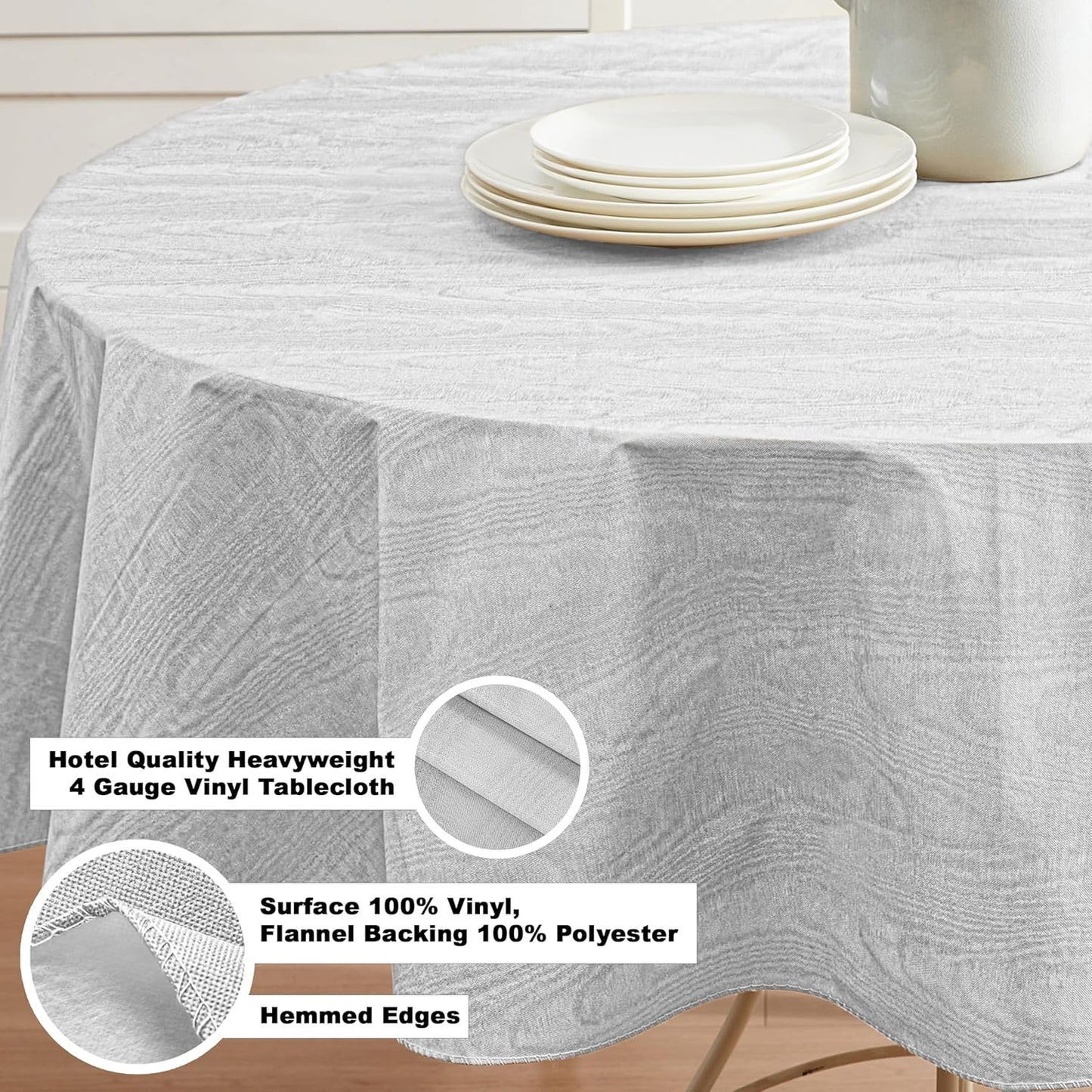 Newbridge Vinyl Flannel Backed Tablecloth, 70 inch Round, Silvery White Moire Wavy Solid Design, Heavyweight Indoor Outdoor Waterproof Table Cover, Easy Care Wipe Clean