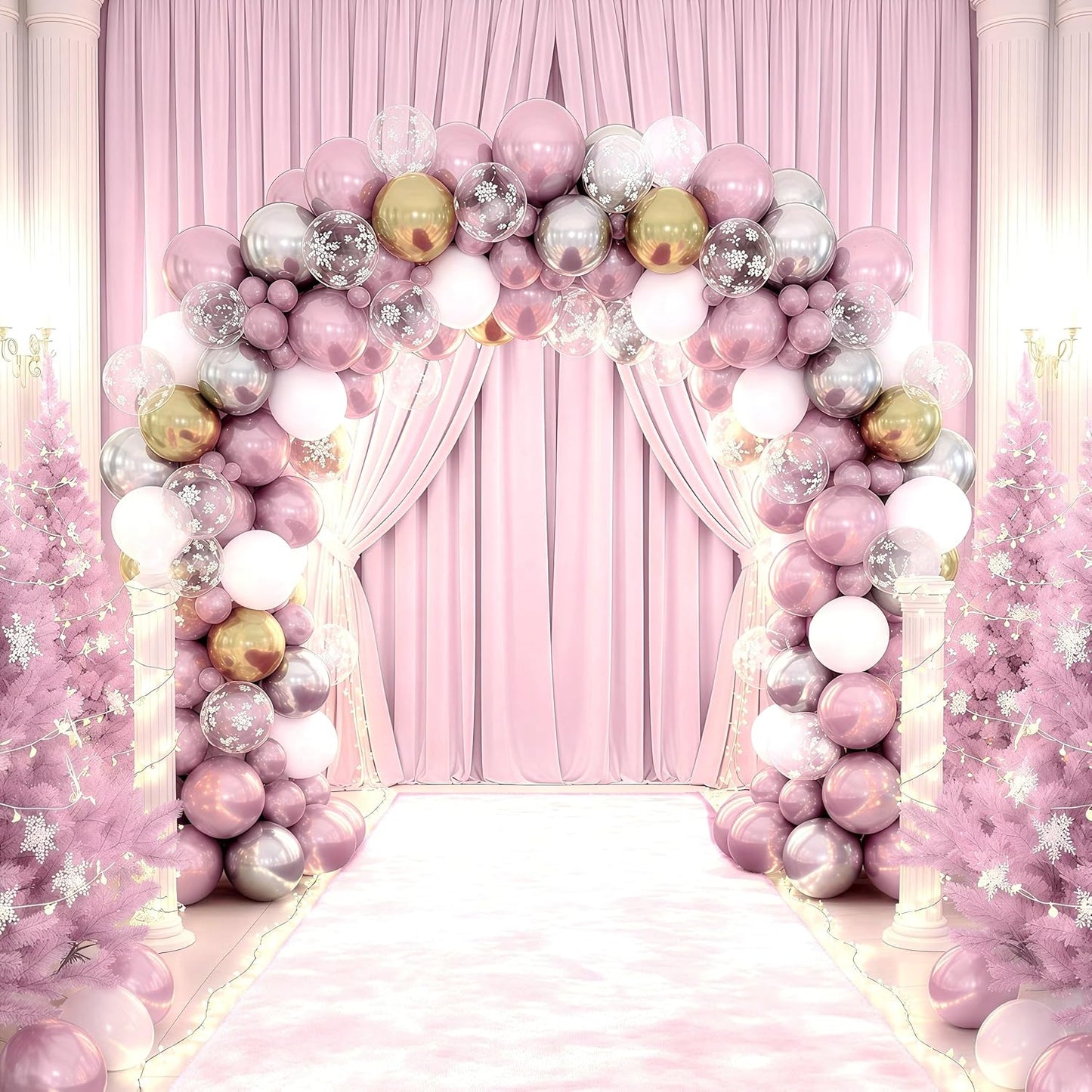 Pink White Winter Wonderland Snowflake Balloons Set, Metallic Light Pink Gold Silver White Snowflake Confetti Balloons for Girl Christmas Birthday Winter Onederland Baby Shower Xmas Party Decorations