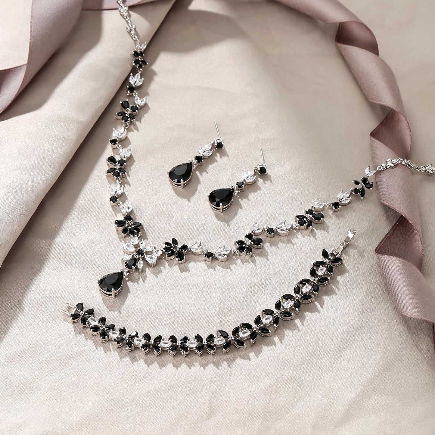 EVER FAITH Bridal Jewelry Set for Bride Bridesmaid, Flower Leaf Teardrop Cubic Zirconia Necklace Dangle Earrings Bracelet Sets Wedding Party for Women