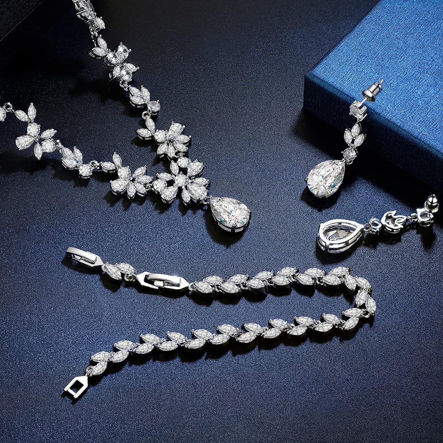 Wedding Jewelry for Bride, Silver Bridal Necklace Earrings Bracelet Set with Clear Cubic Zirconia, Bridemaids Jewelry Set for Wedding, Crystal Wedding Party Jewelry Set for Women Girls