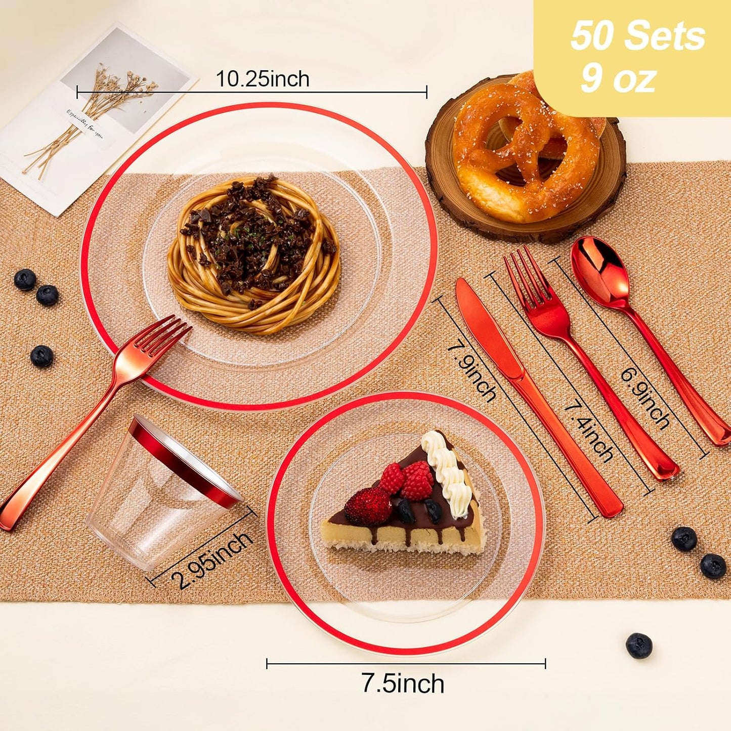 350PCS Red and Clear Plastic Dinnerware Sets for 50 Guests, Include 100 Red Disposable Party Plates, 100 Forks, 50 Knives, 50 Spoons, 50 Cups,christmas party supplies