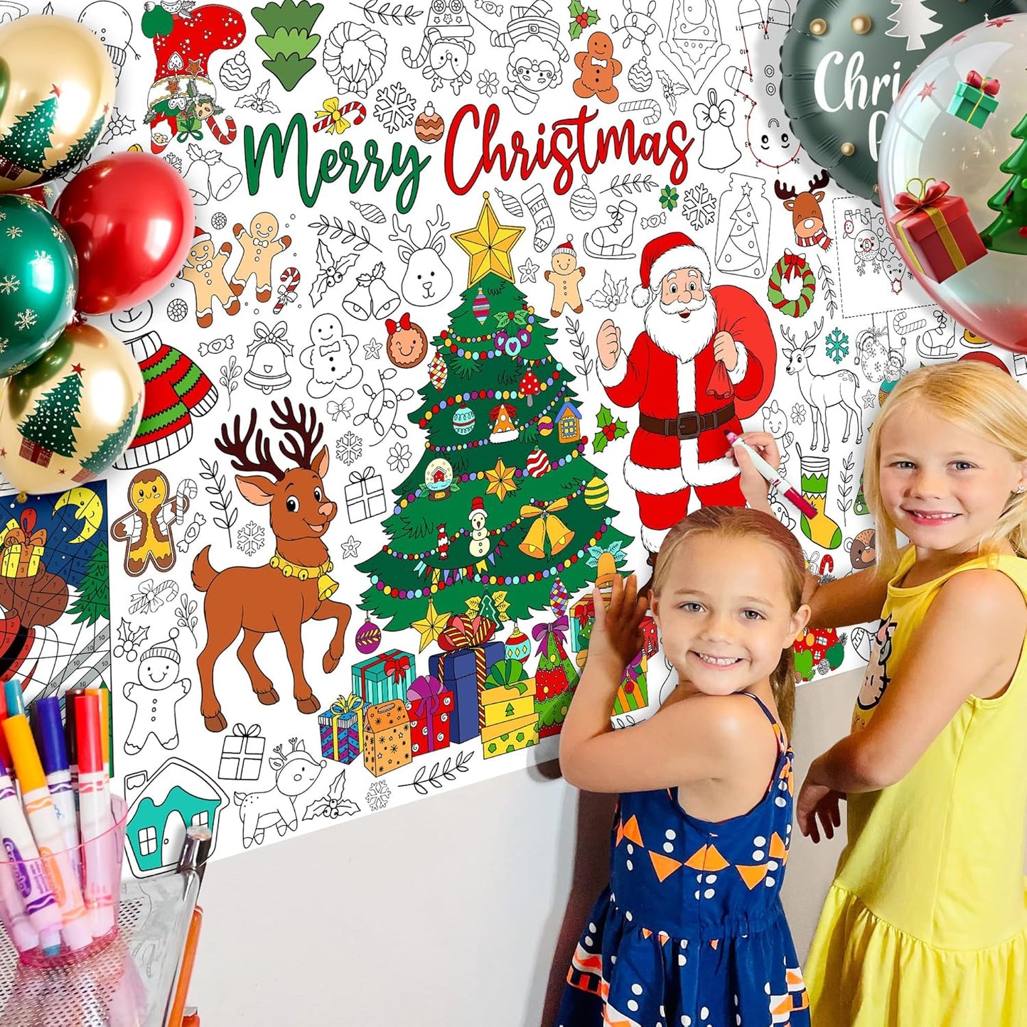 Christmas Giant Coloring Tablecloth for Kids, Large 30x72 Inch Poster with Santa, Christmas Tree, Reindeer, Perfect for Party Games, Classroom Decorations, Arts Crafts, Winter Activities