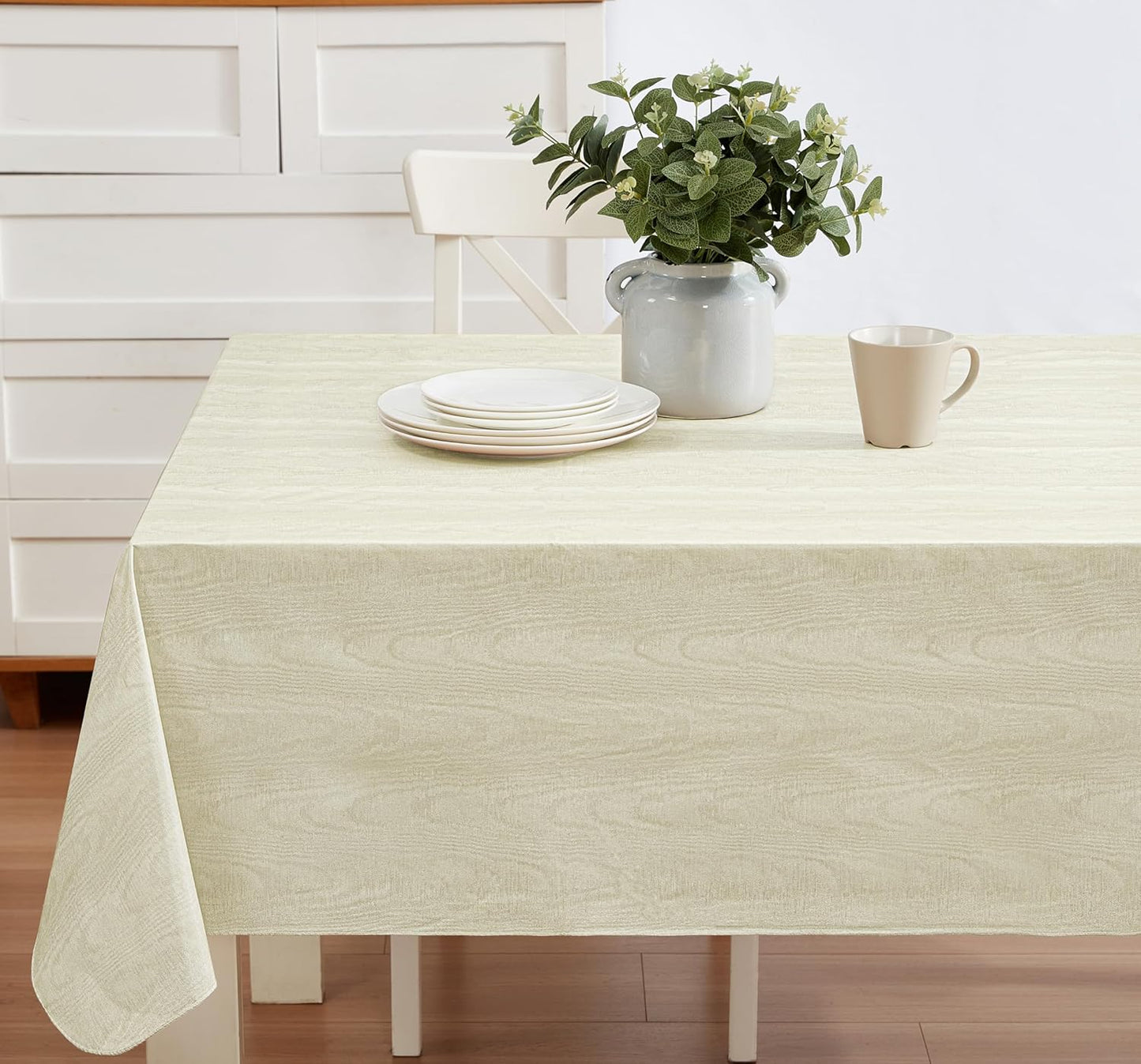 Newbridge Vinyl Flannel Backed Tablecloth, 52 x 70 Inch Rectangle, Beige Moire Wavy Solid Design, Heavyweight Indoor Outdoor Waterproof Table Cover, Easy Care Wipe Clean