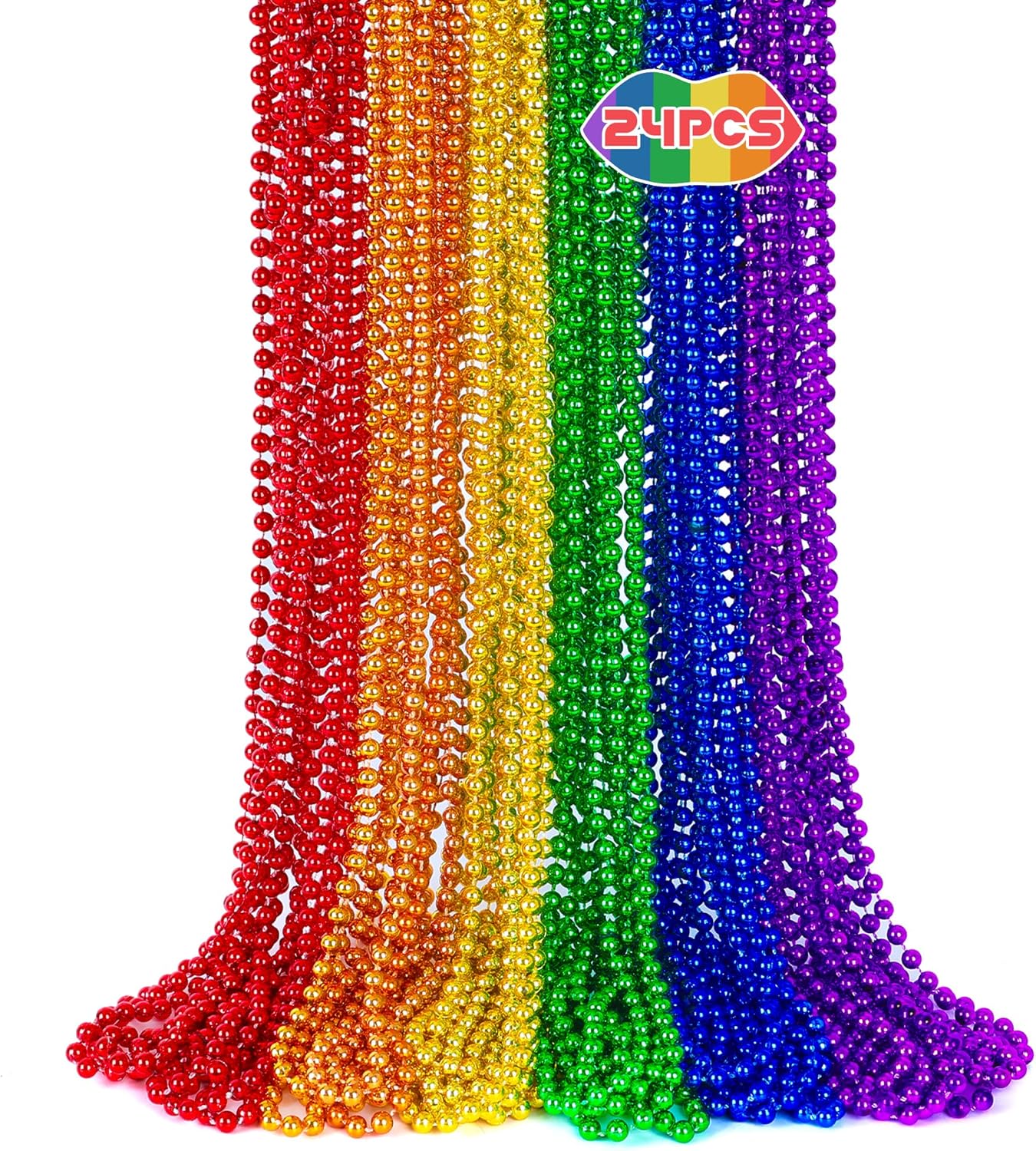 24PCS Pride Necklace Stuff, LGBTQ Beads Pride Accessories, 6 Kinds of Metallic Rainbow Beads Bulk, Gay Lesbian Pride Necklace for Women Men, Costumes Decor for Pride Month Parade Throws Party Favors