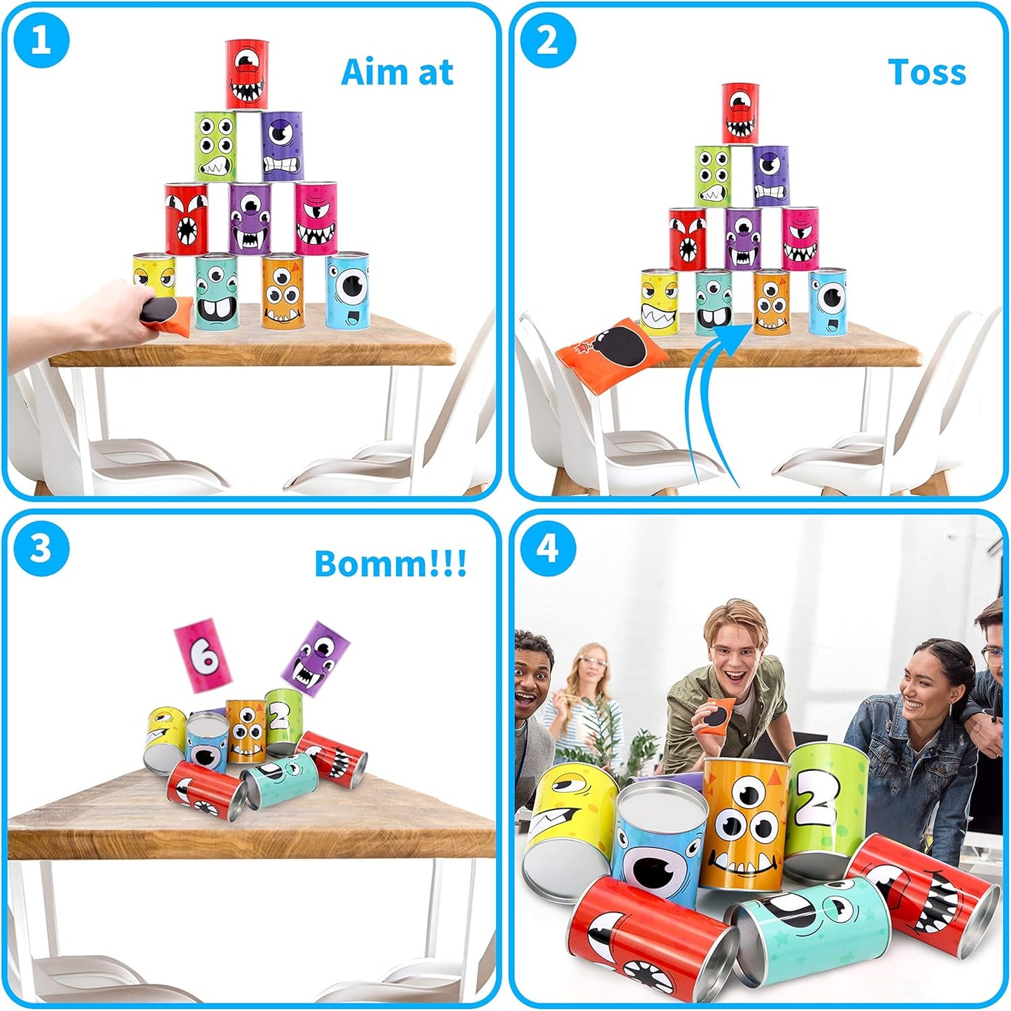 JOYIN 13 Pcs Carnival Bean Bag Toss, Knockdown Can Game Set, Holiday & Birthday Party Games, Outdoor Lawn Yard Activity for Kids Party Favors, Easter Egg Hunt for Classroom Gifts (Monster Style)