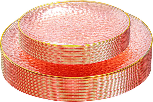 SUT 36Pcs Pink Plastic Plates, Hammered Plates Disposable Heavy Duty, Pink Disposable Plates With Gold Rim, Fancy Plastic plates Include 18 Dinner and 18 Dessert plates for Wedding