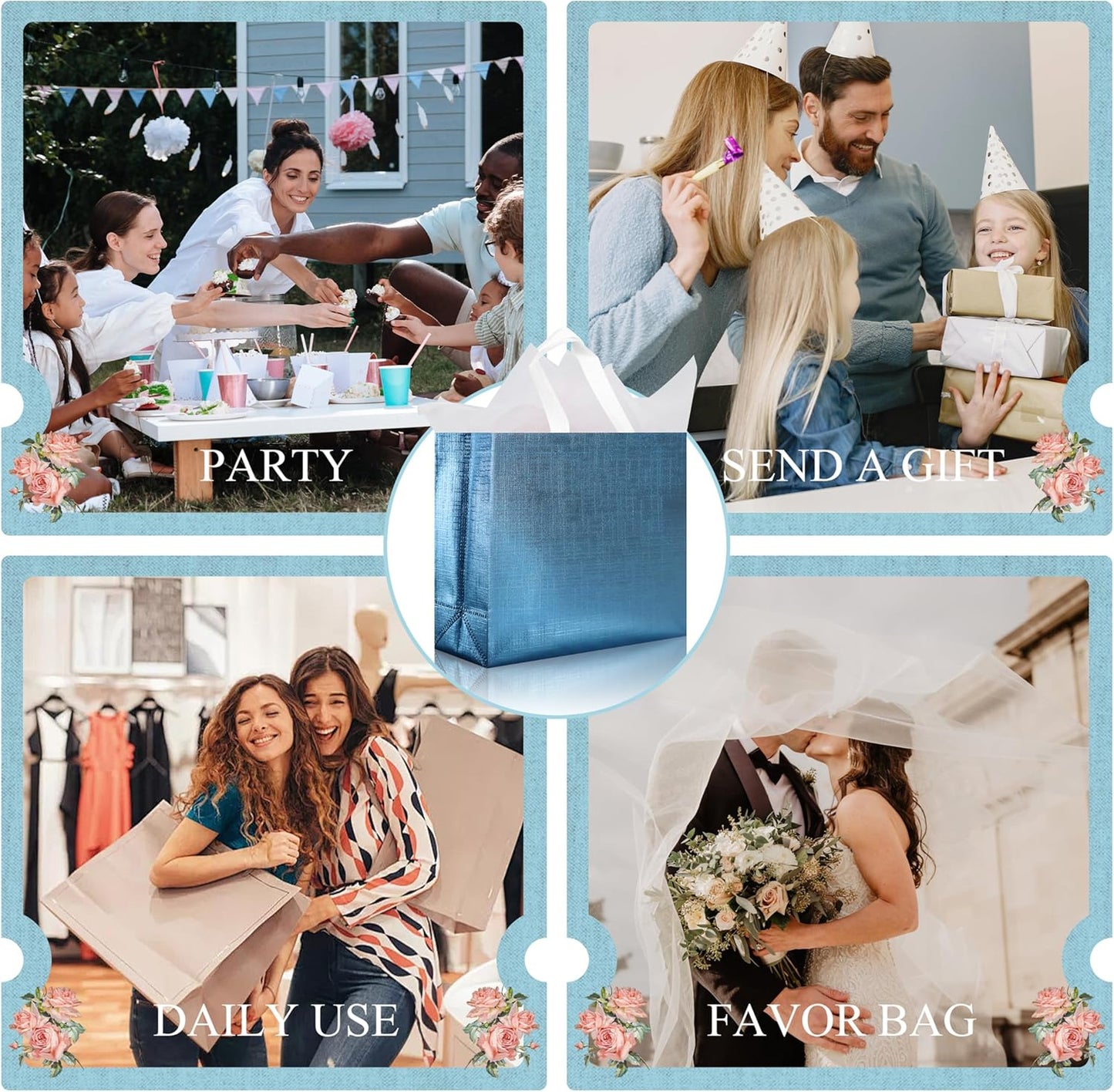 cabzymx 25 Pcs Blue Reusable Gift Bags with Metallic Design, Non-woven Gift Bag Bulk with Handles, Glossy Party Bags for Wrapping Gifts, Birthday, Wedding, Parties, Graduation-12.6x4.7x11 In