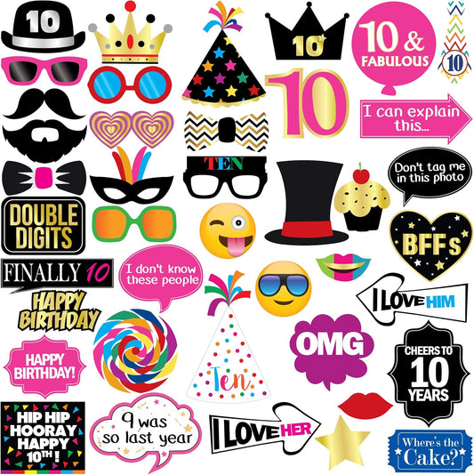 10th Birthday Photo Booth Party Props - 40 Pieces - Funny 10th Birthday Party Supplies, Decorations and Favors