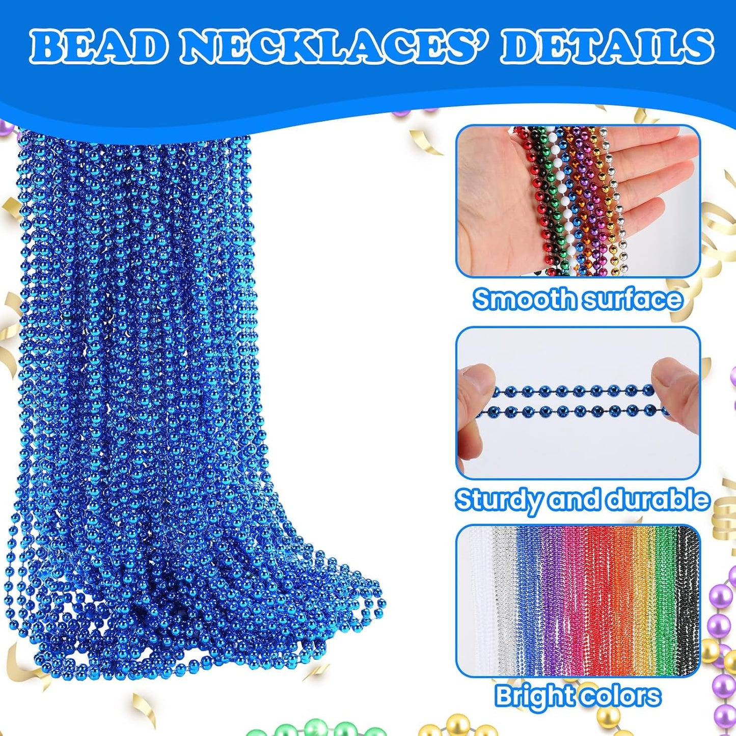 220 PCS Blue Bead Necklace, 33 Inch Mardi Gras Christmas Beads, Bulk Metallic Party Beads for Mardi Gras Parade, St Patricks Day, Wedding, Birthday, Pirate Carnival Party Favors