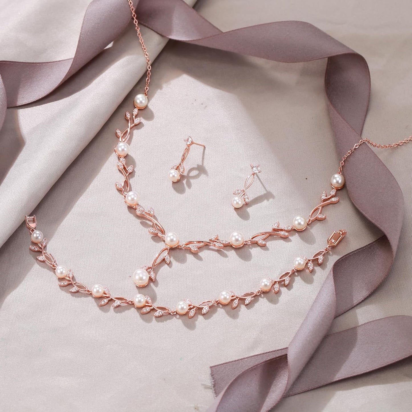 EVER FAITH Bridal Cubic Zirconia Jewelry Sets for Women, White Simulated Pearl Leaf Vine Pendant Wedding Party Necklace Earrings Set for Bridesmaid Bride